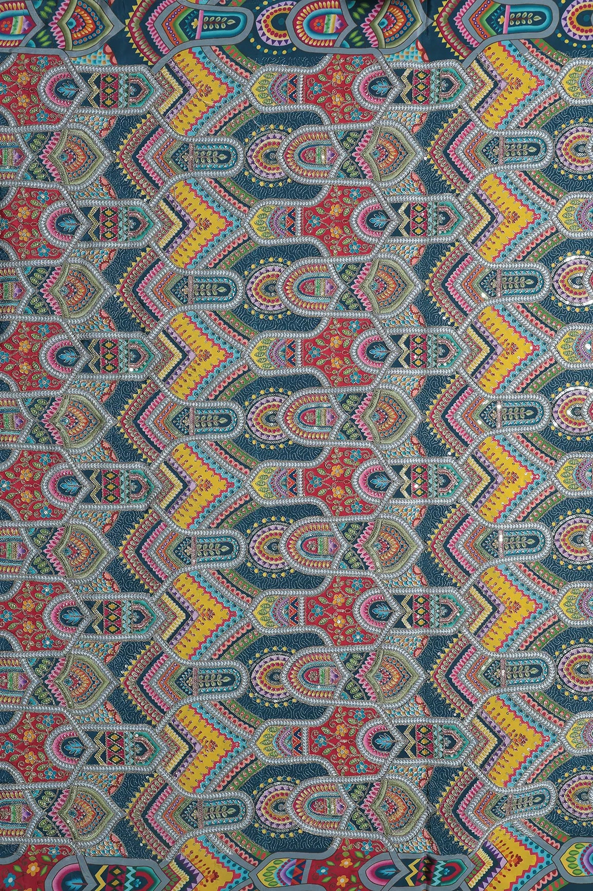 Zari & Sequins With Multi Color Geometric Print Heavy Embroidery Work On Rama Pure Crepe Fabric