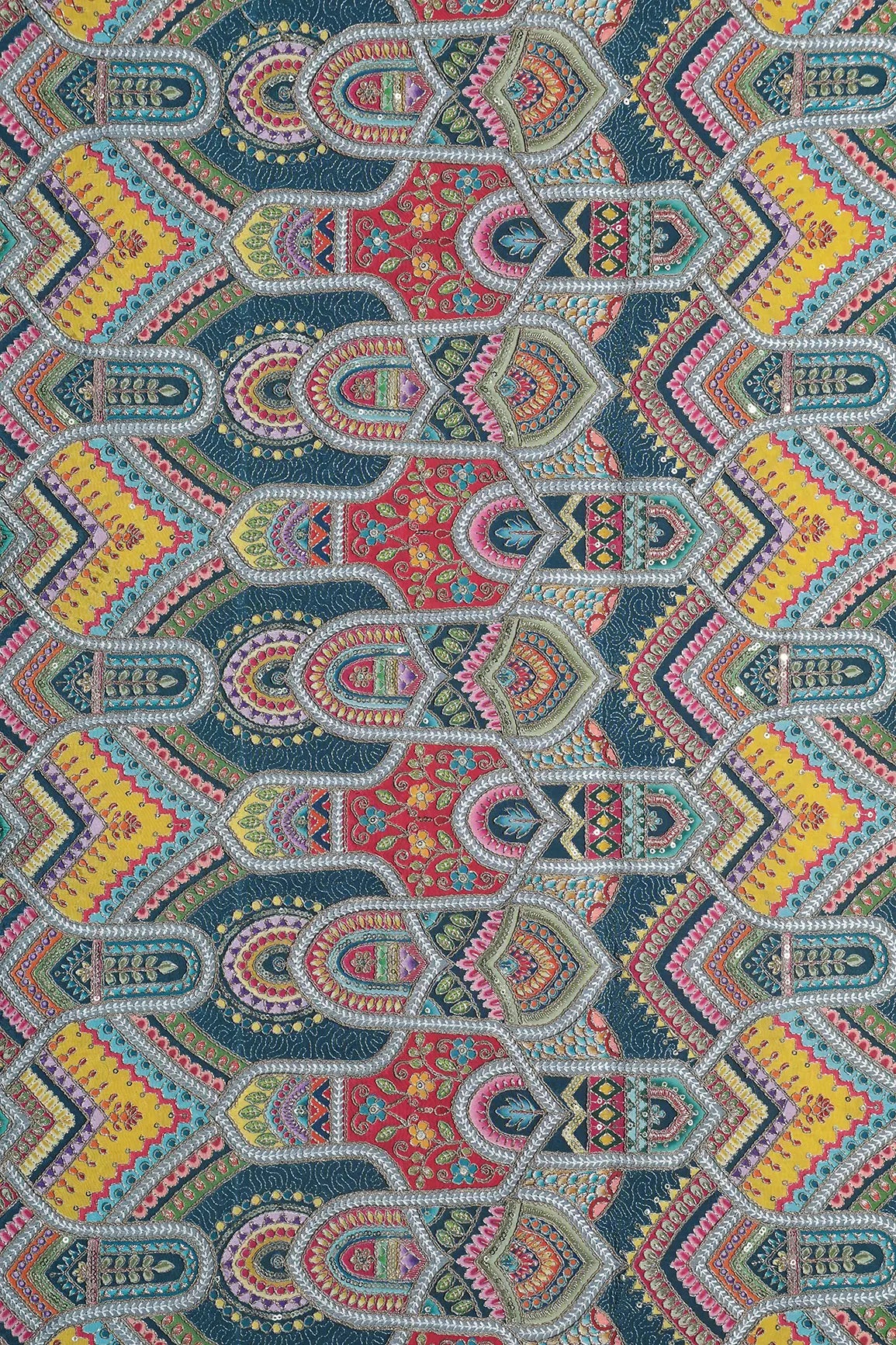 Zari & Sequins With Multi Color Geometric Print Heavy Embroidery Work On Rama Pure Crepe Fabric