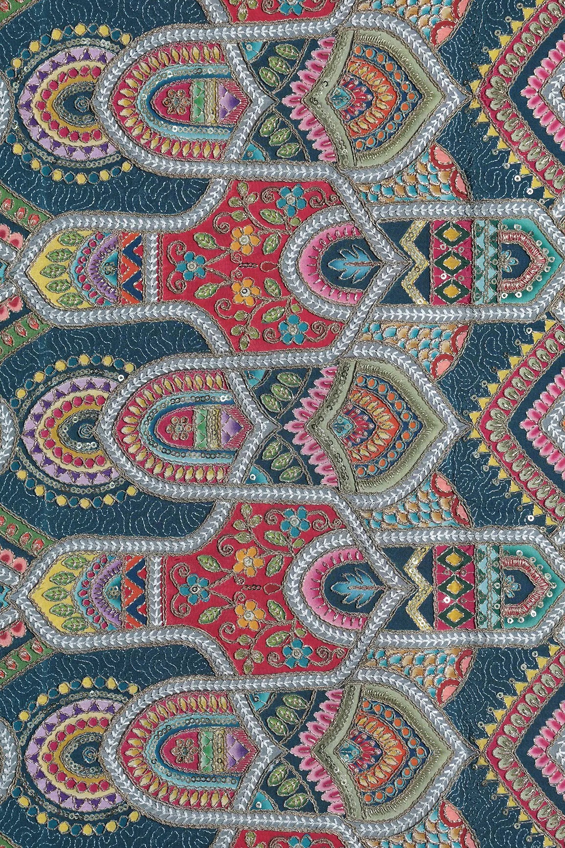 Zari & Sequins With Multi Color Geometric Print Heavy Embroidery Work On Rama Pure Crepe Fabric