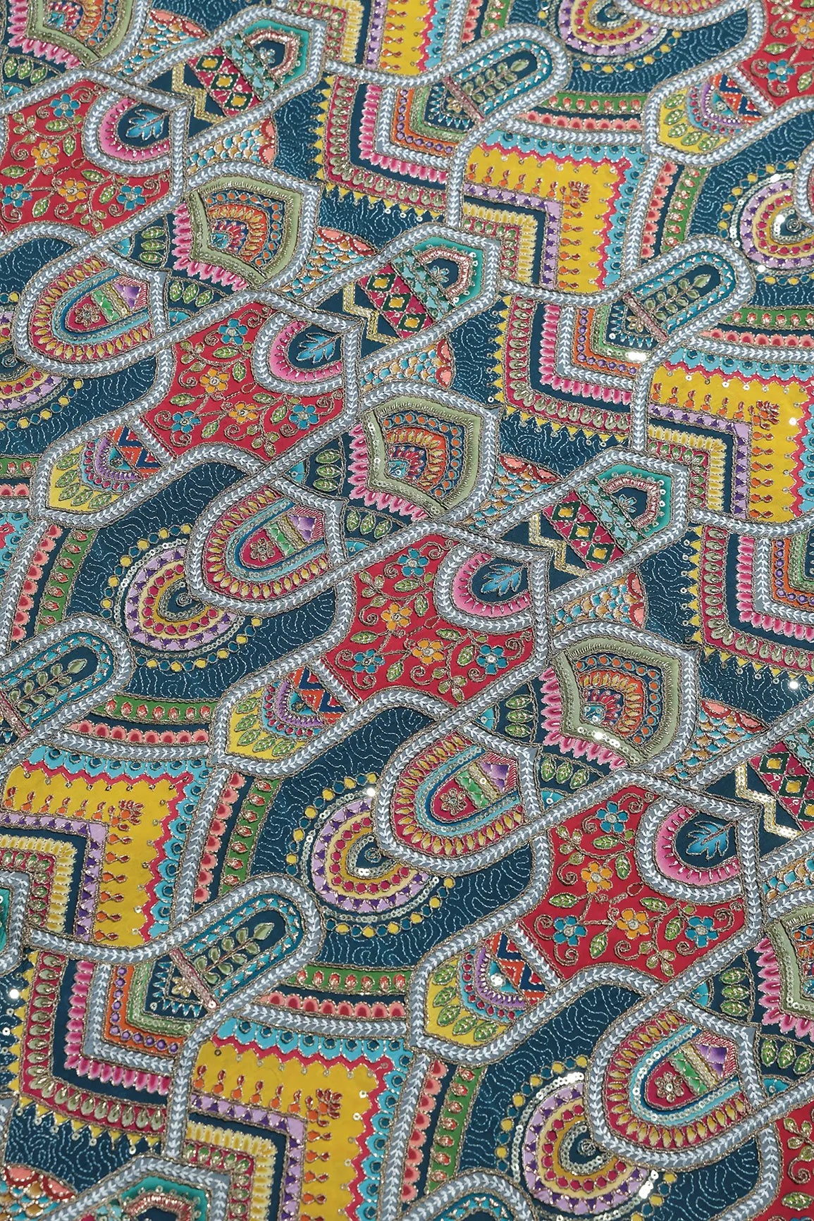 Zari & Sequins With Multi Color Geometric Print Heavy Embroidery Work On Rama Pure Crepe Fabric