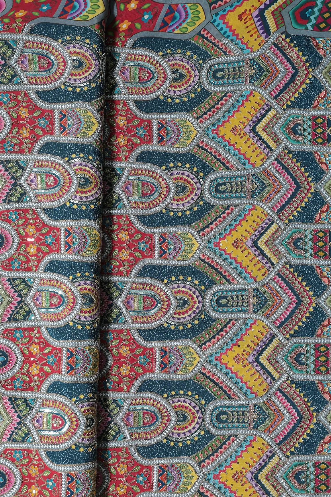 Zari & Sequins With Multi Color Geometric Print Heavy Embroidery Work On Rama Pure Crepe Fabric