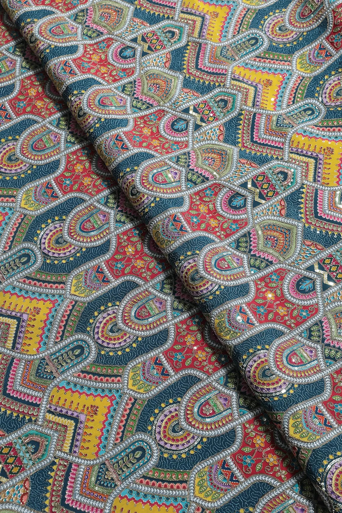 Zari & Sequins With Multi Color Geometric Print Heavy Embroidery Work On Rama Pure Crepe Fabric