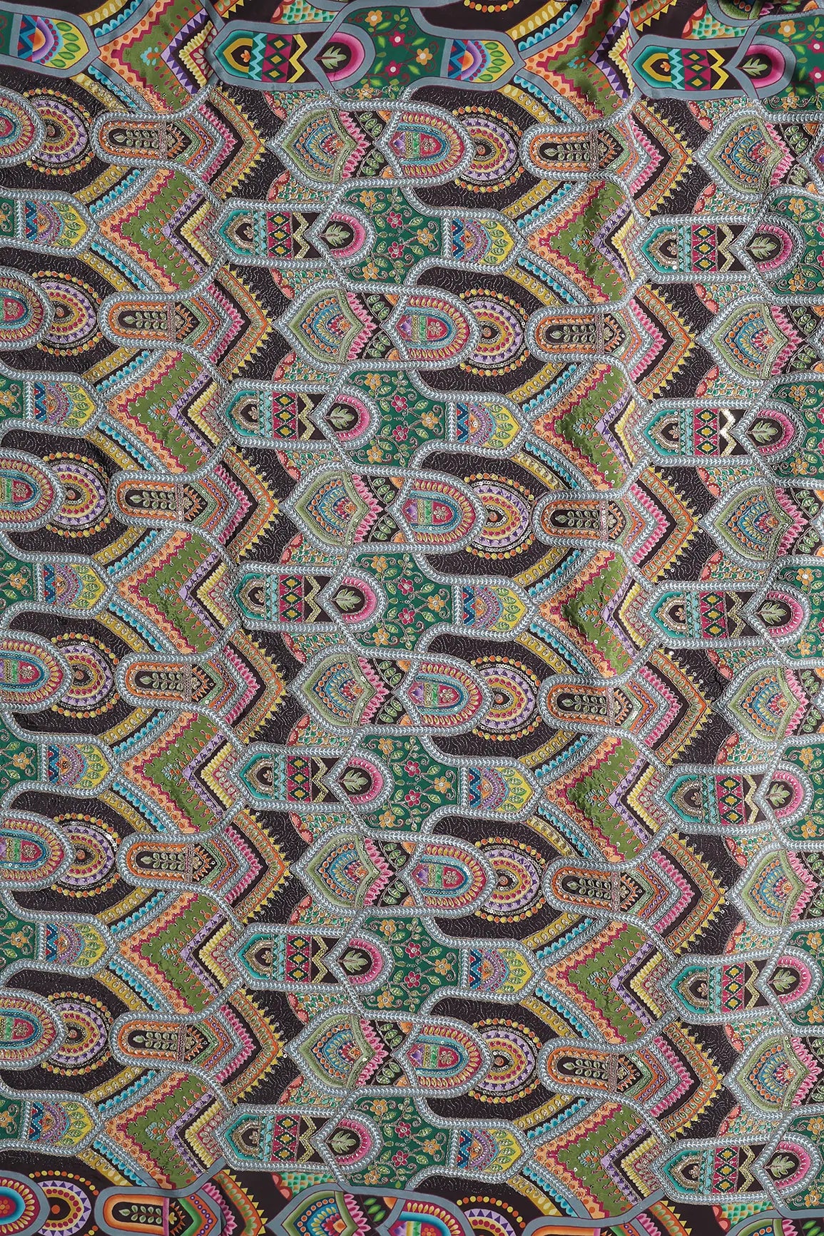 Zari & Sequins With Multi Color Geometric Print Heavy Embroidery Work On Wine Pure Crepe Fabric
