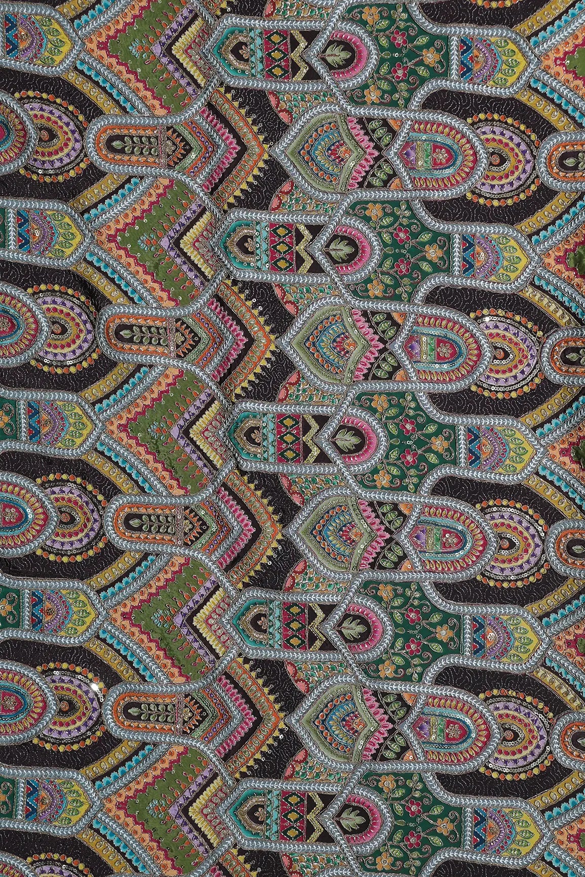 Zari & Sequins With Multi Color Geometric Print Heavy Embroidery Work On Wine Pure Crepe Fabric