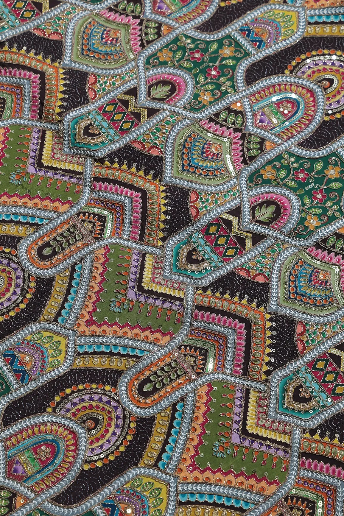Zari & Sequins With Multi Color Geometric Print Heavy Embroidery Work On Wine Pure Crepe Fabric