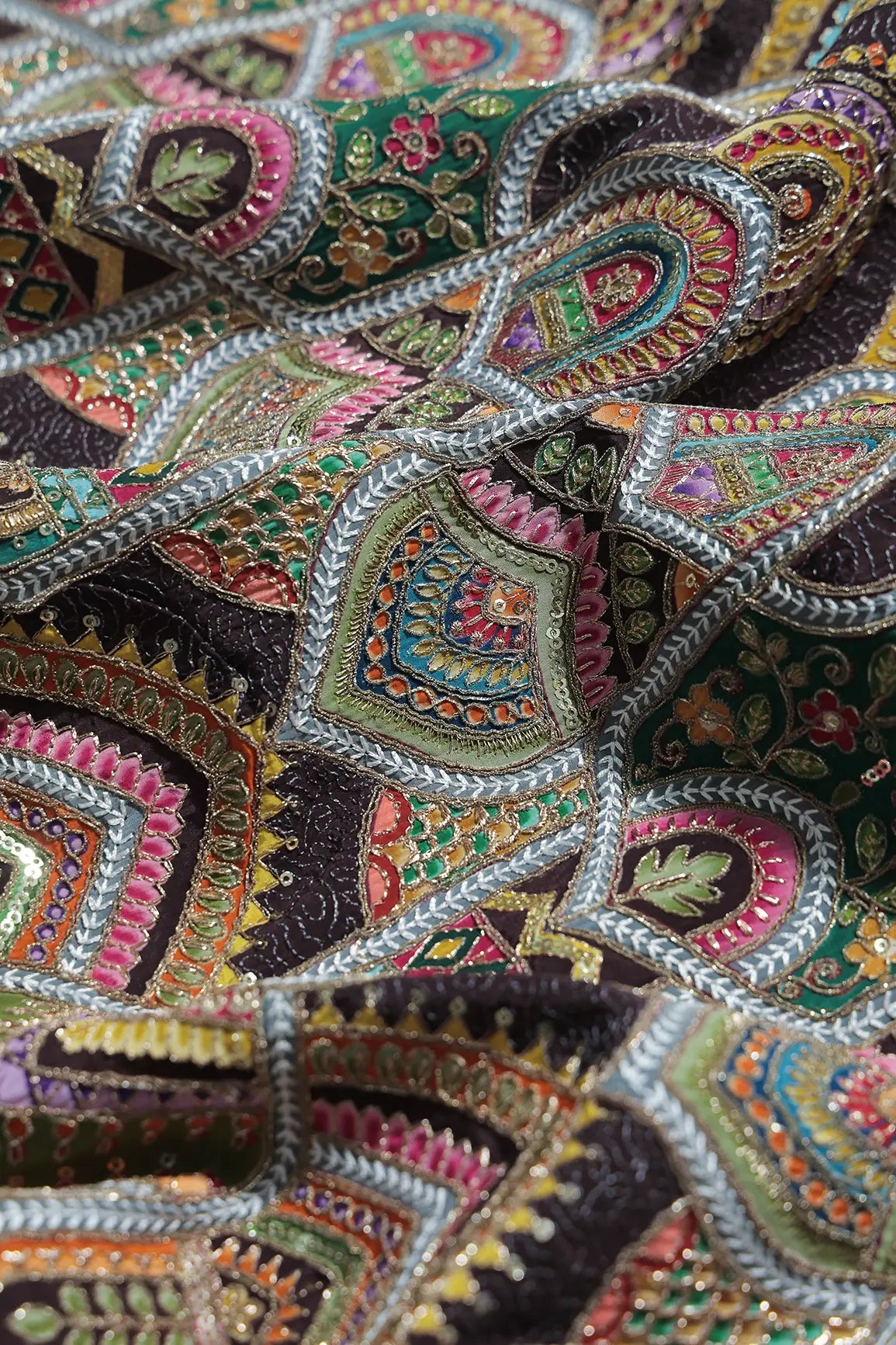 Zari & Sequins With Multi Color Geometric Print Heavy Embroidery Work On Wine Pure Crepe Fabric