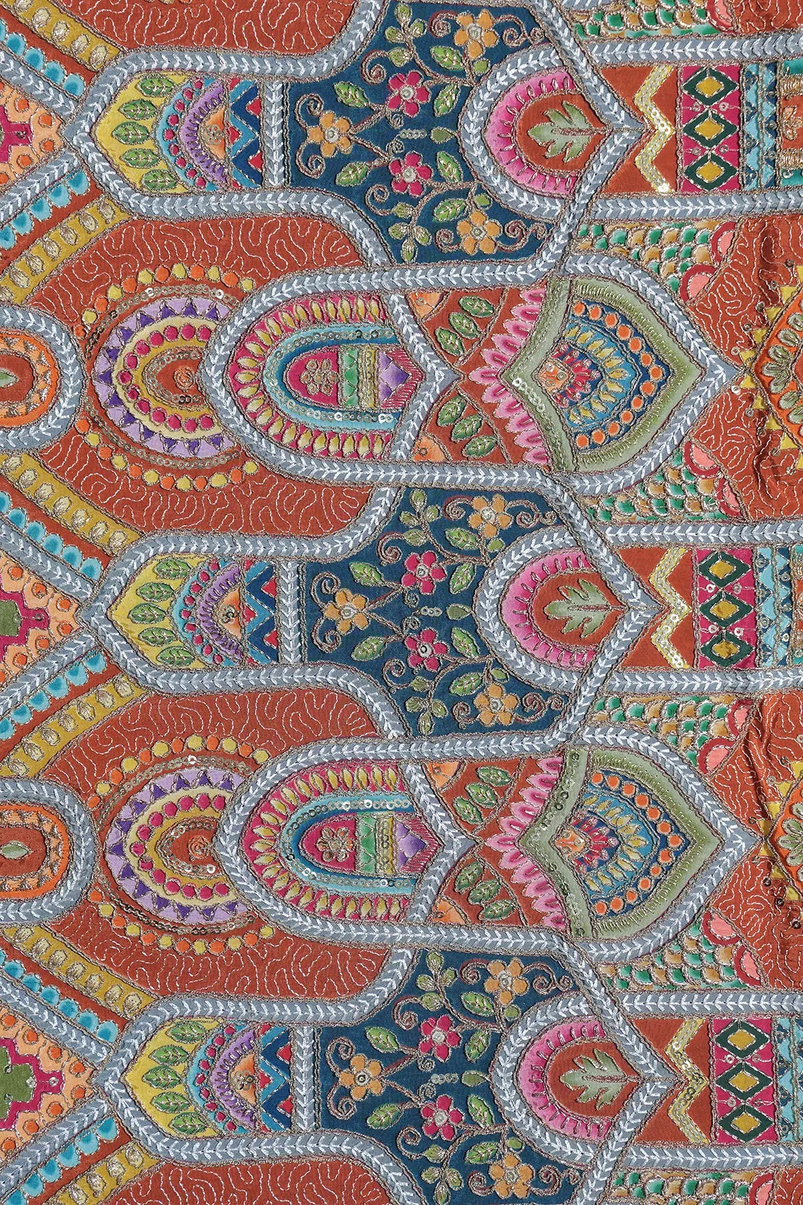 Zari & Sequins With Multi Color Geometric Print Heavy Embroidery Work On Rust Pure Crepe Fabric