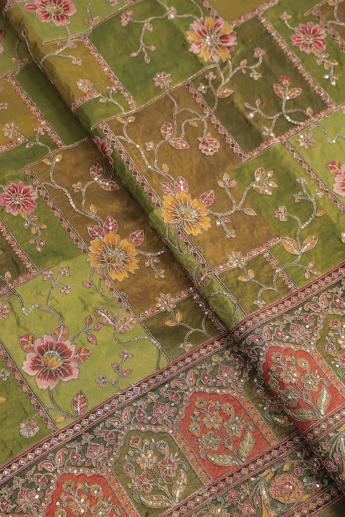 Floral Position Print On Sequins With Zari Embroidery Mehendi Green Viscose Zari Tissue Fabric With Big Border