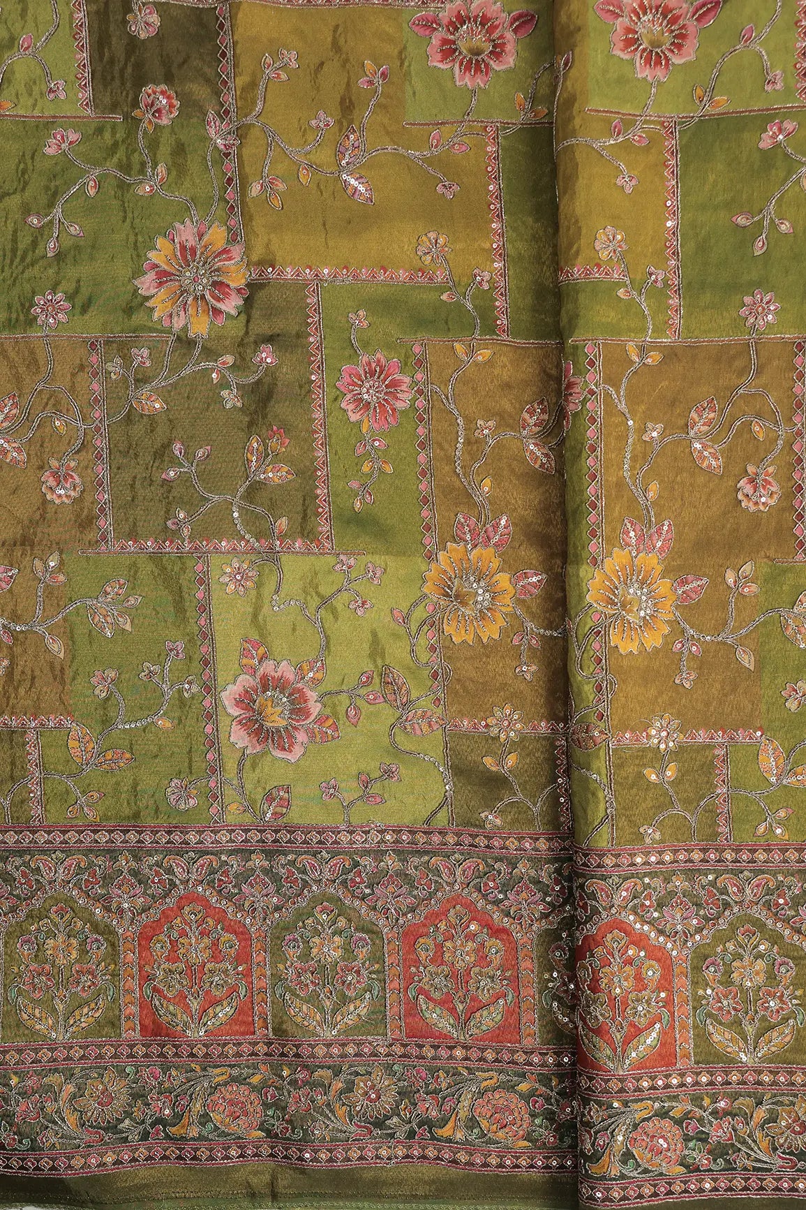 Floral Position Print On Sequins With Zari Embroidery Mehendi Green Viscose Zari Tissue Fabric With Big Border