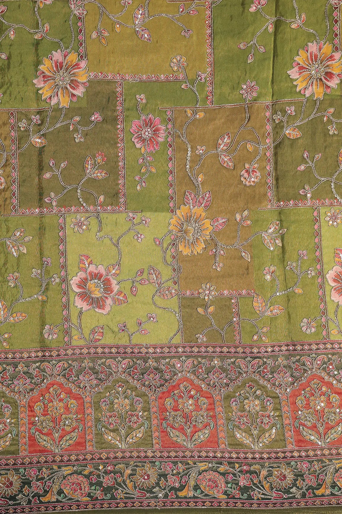Floral Position Print On Sequins With Zari Embroidery Mehendi Green Viscose Zari Tissue Fabric With Big Border
