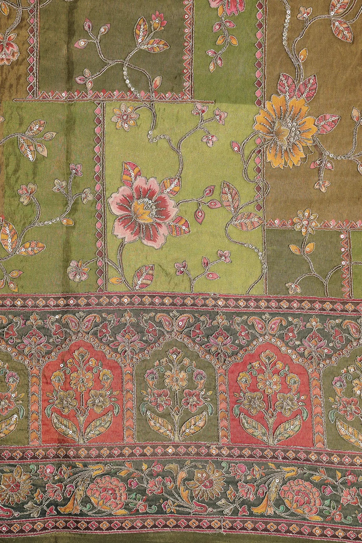 Floral Position Print On Sequins With Zari Embroidery Mehendi Green Viscose Zari Tissue Fabric With Big Border