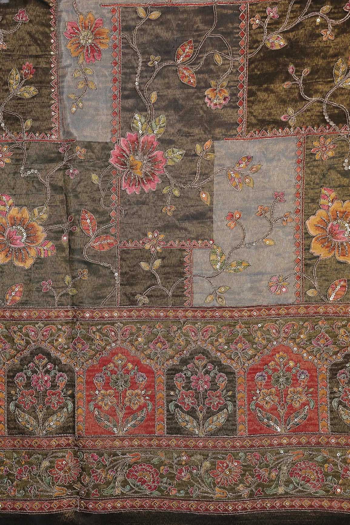 Floral Position Print On Sequins With Zari Embroidery Dark Mehendi Green Viscose Zari Tissue Fabric With Big Border