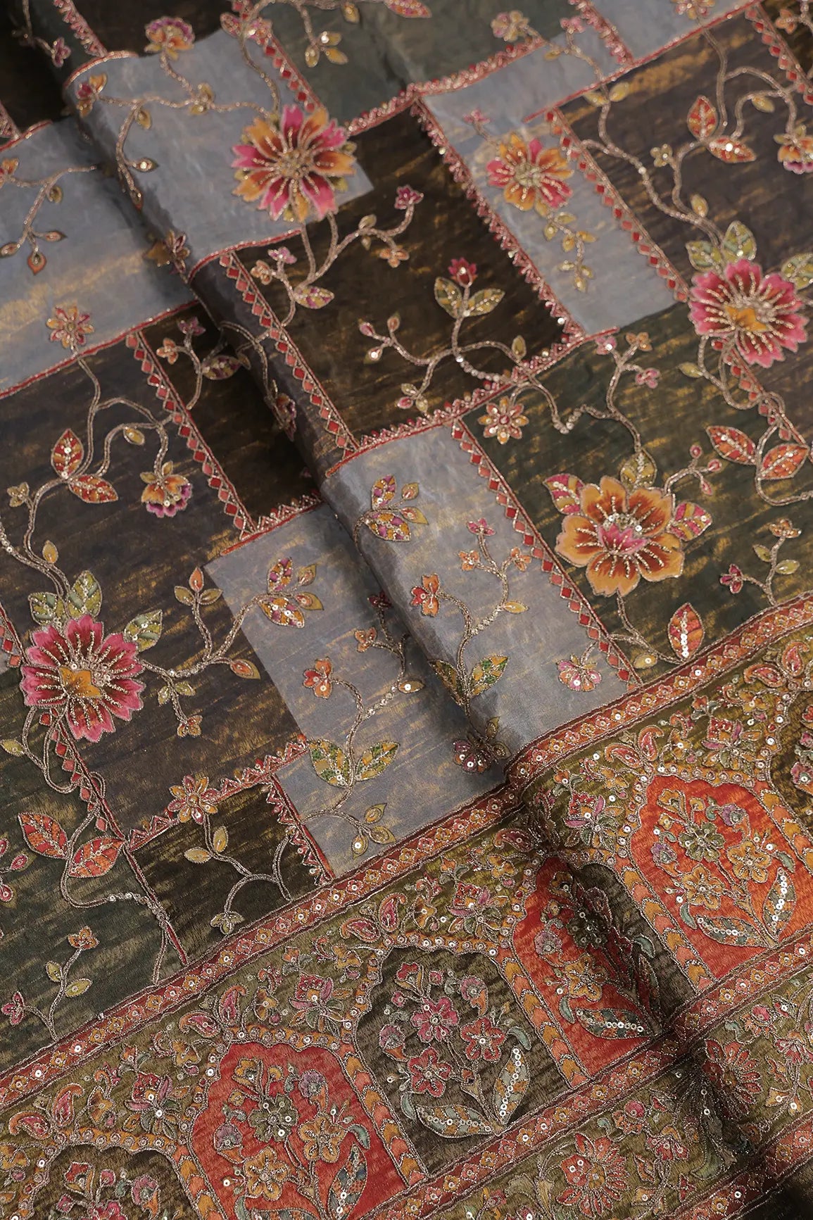Floral Position Print On Sequins With Zari Embroidery Dark Mehendi Green Viscose Zari Tissue Fabric With Big Border