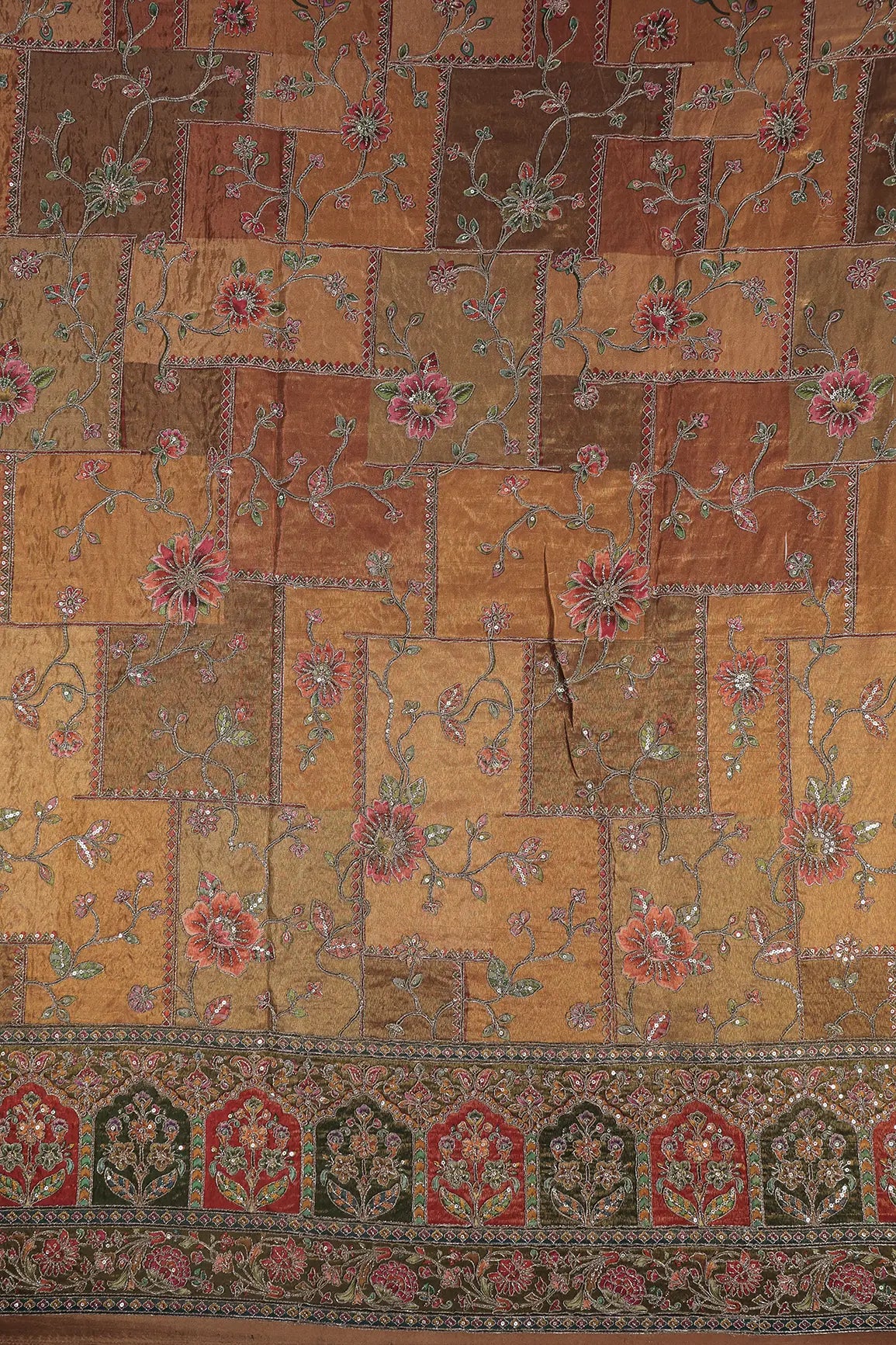 Floral Position Print On Sequins With Zari Embroidery Copper Viscose Zari Tissue Fabric With Big Border