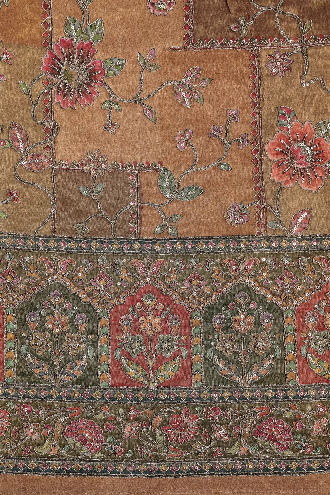 Floral Position Print On Sequins With Zari Embroidery Copper Viscose Zari Tissue Fabric With Big Border