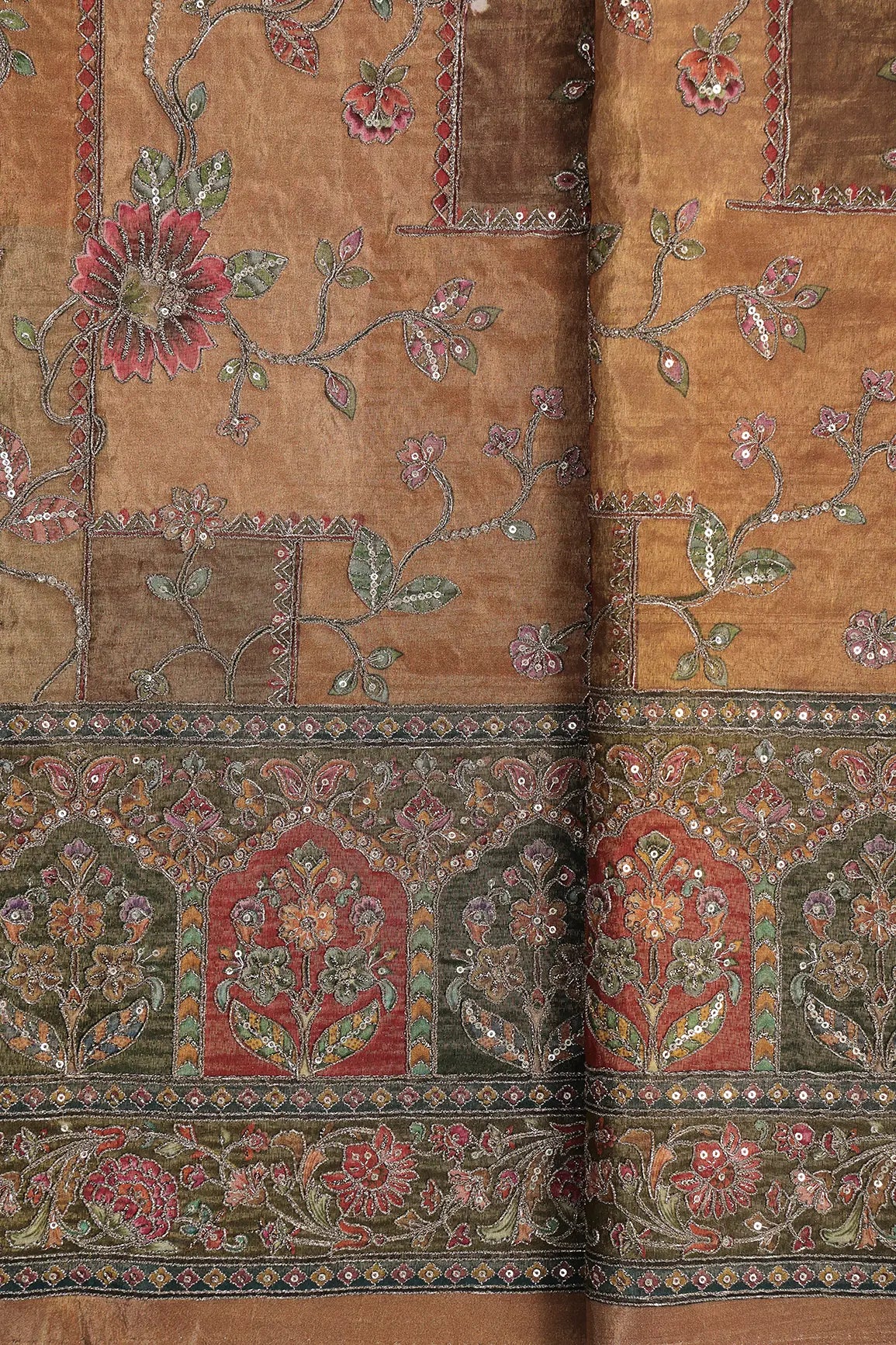 Floral Position Print On Sequins With Zari Embroidery Copper Viscose Zari Tissue Fabric With Big Border