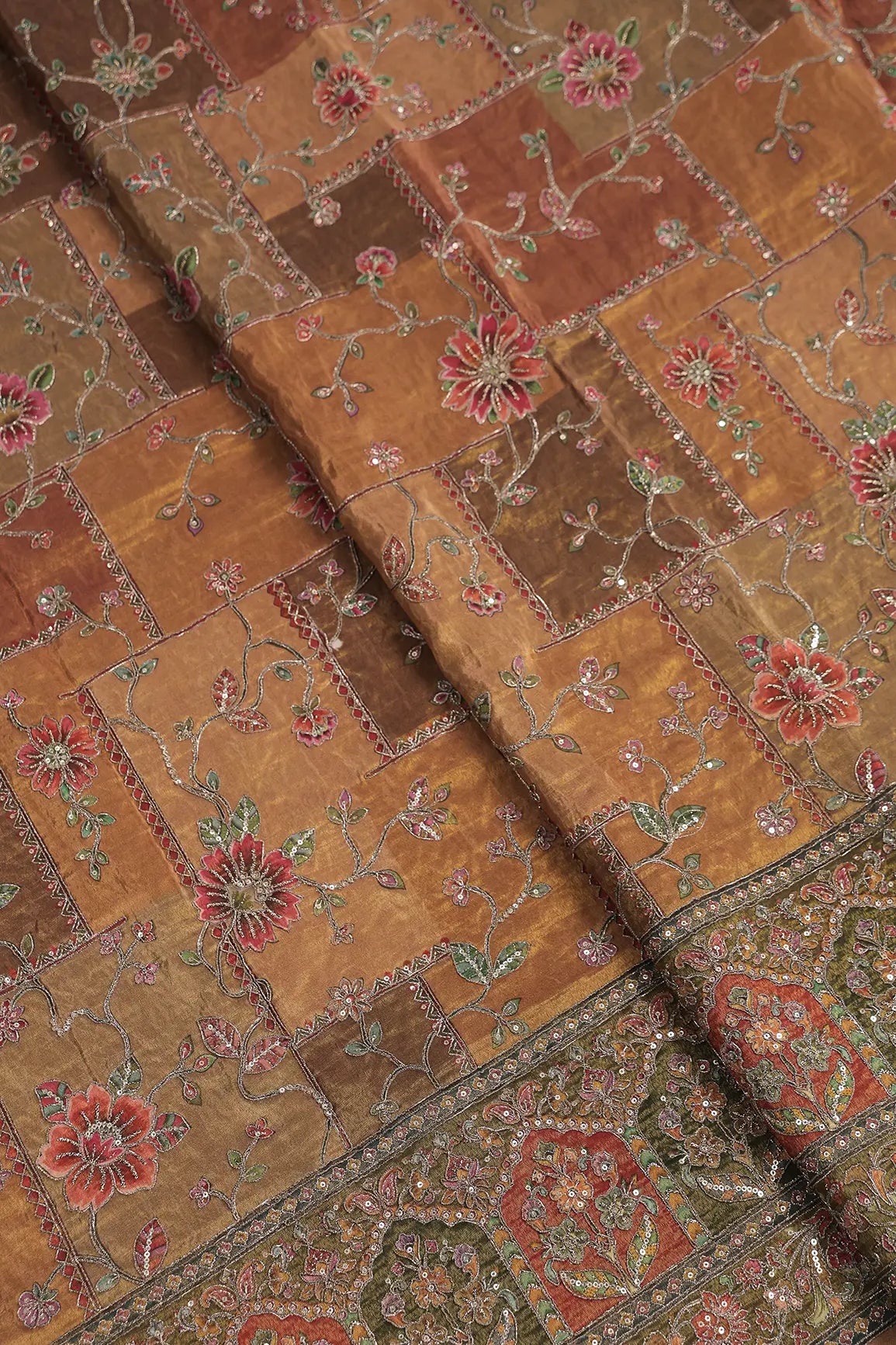 Floral Position Print On Sequins With Zari Embroidery Copper Viscose Zari Tissue Fabric With Big Border