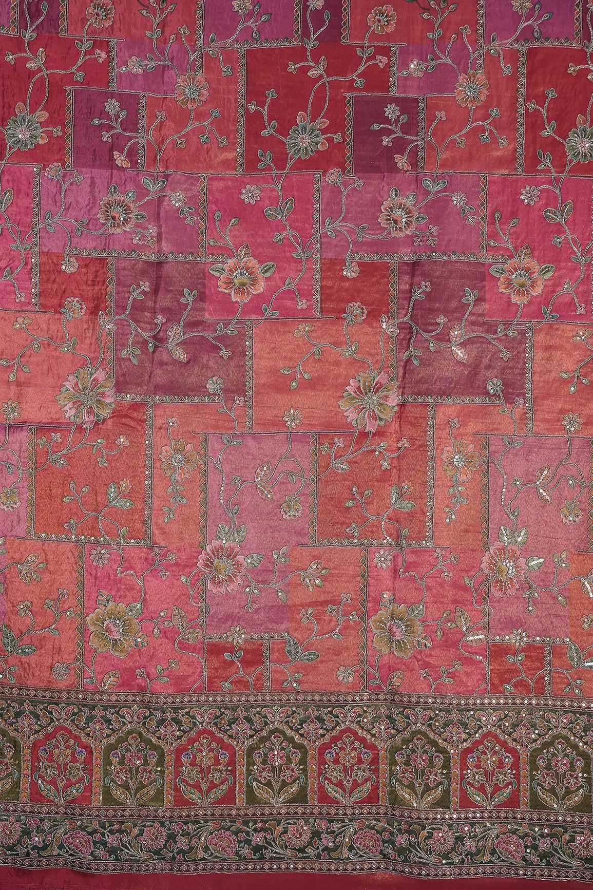 Floral Position Print On Sequins With Zari Embroidery Magenta Pink Viscose Zari Tissue Fabric With Big Border