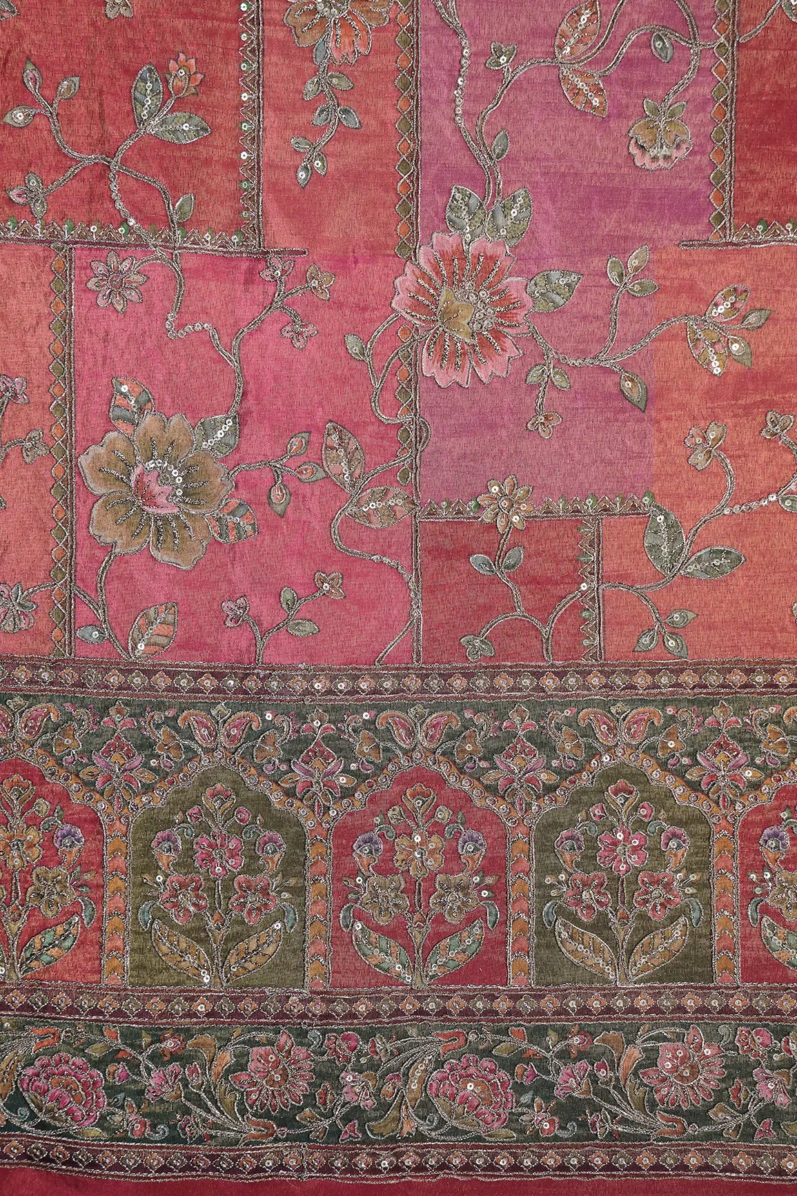 Floral Position Print On Sequins With Zari Embroidery Magenta Pink Viscose Zari Tissue Fabric With Big Border
