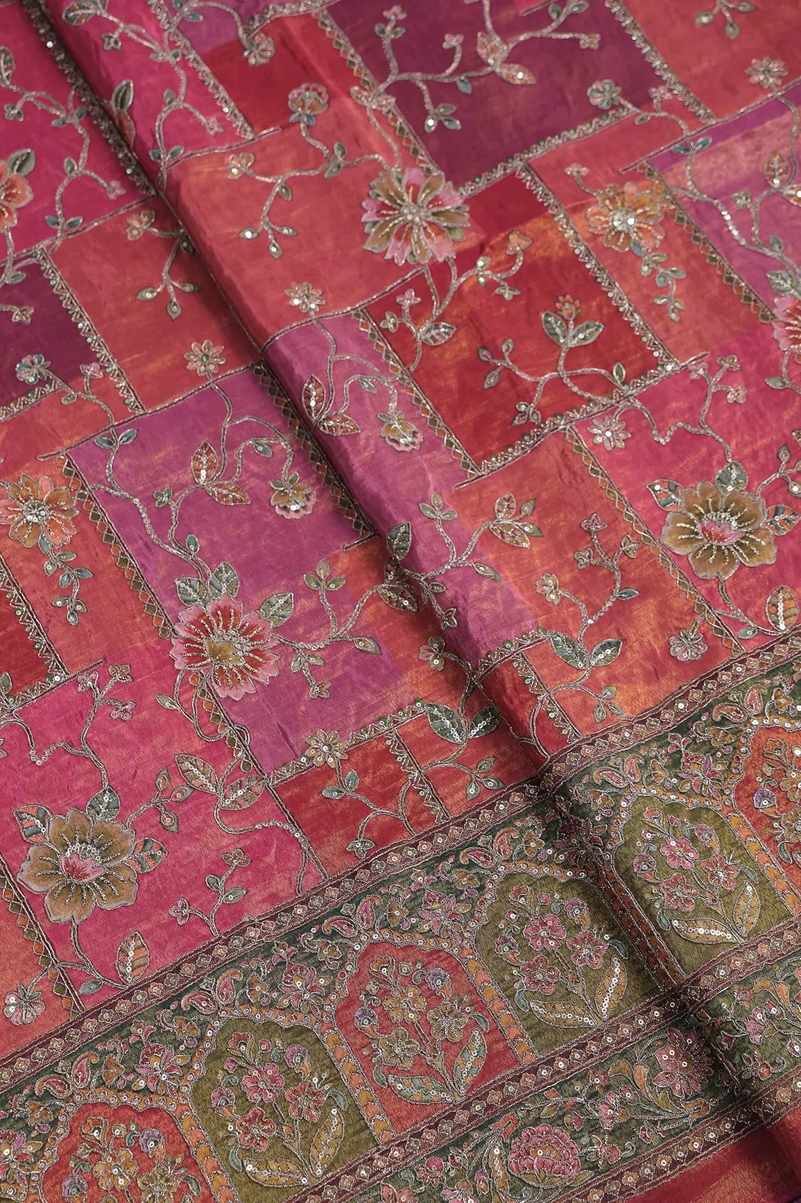Floral Position Print On Sequins With Zari Embroidery Magenta Pink Viscose Zari Tissue Fabric With Big Border
