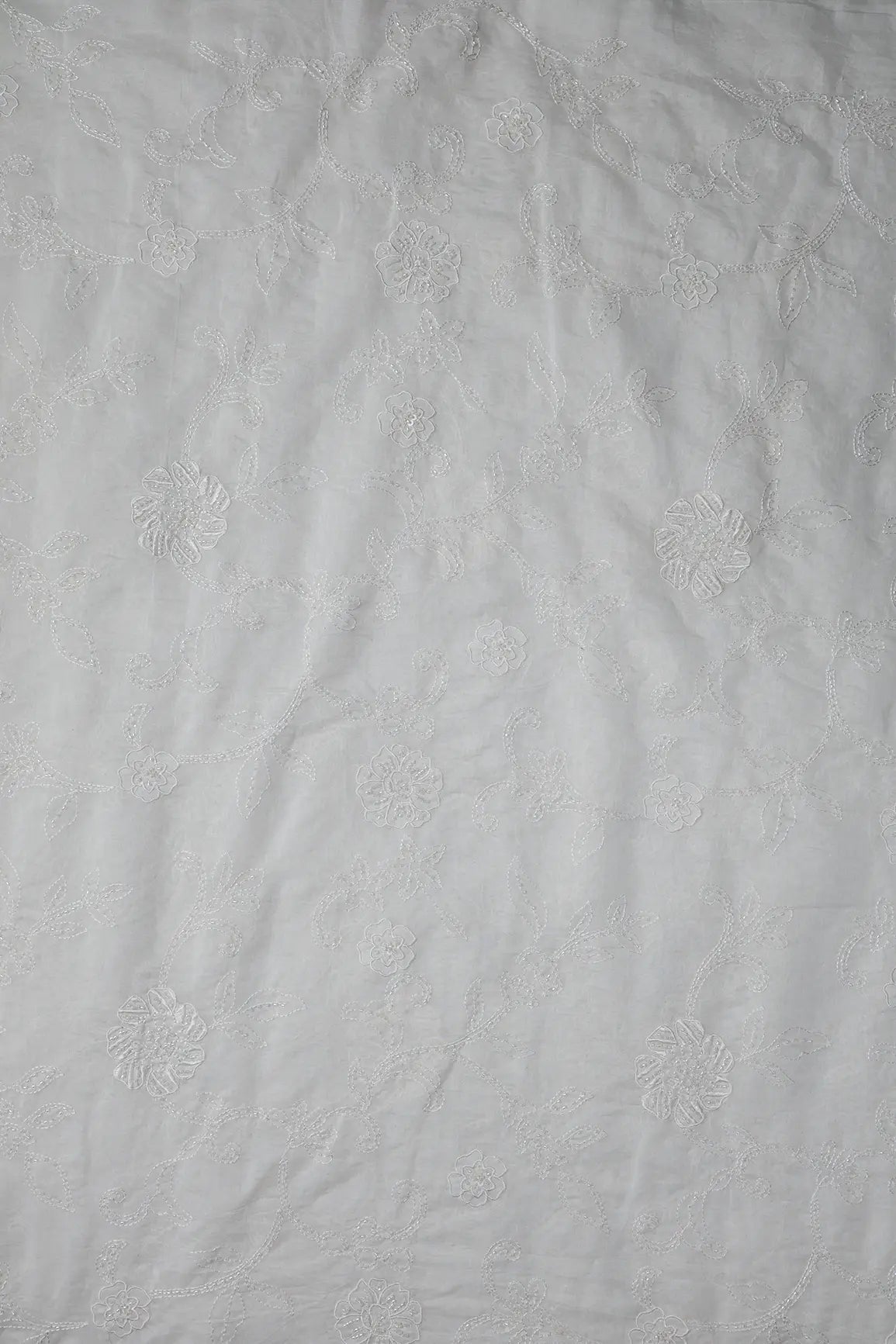 Beautiful Patch Work With Beads Embroidery On Off White Pure Mul Chanderi Silk Fabric