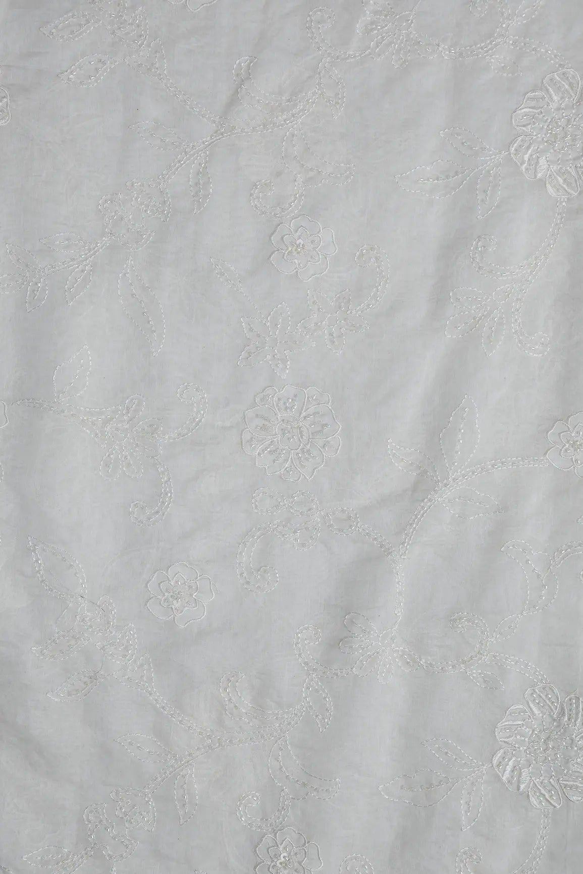 Beautiful Patch Work With Beads Embroidery On Off White Pure Mul Chanderi Silk Fabric