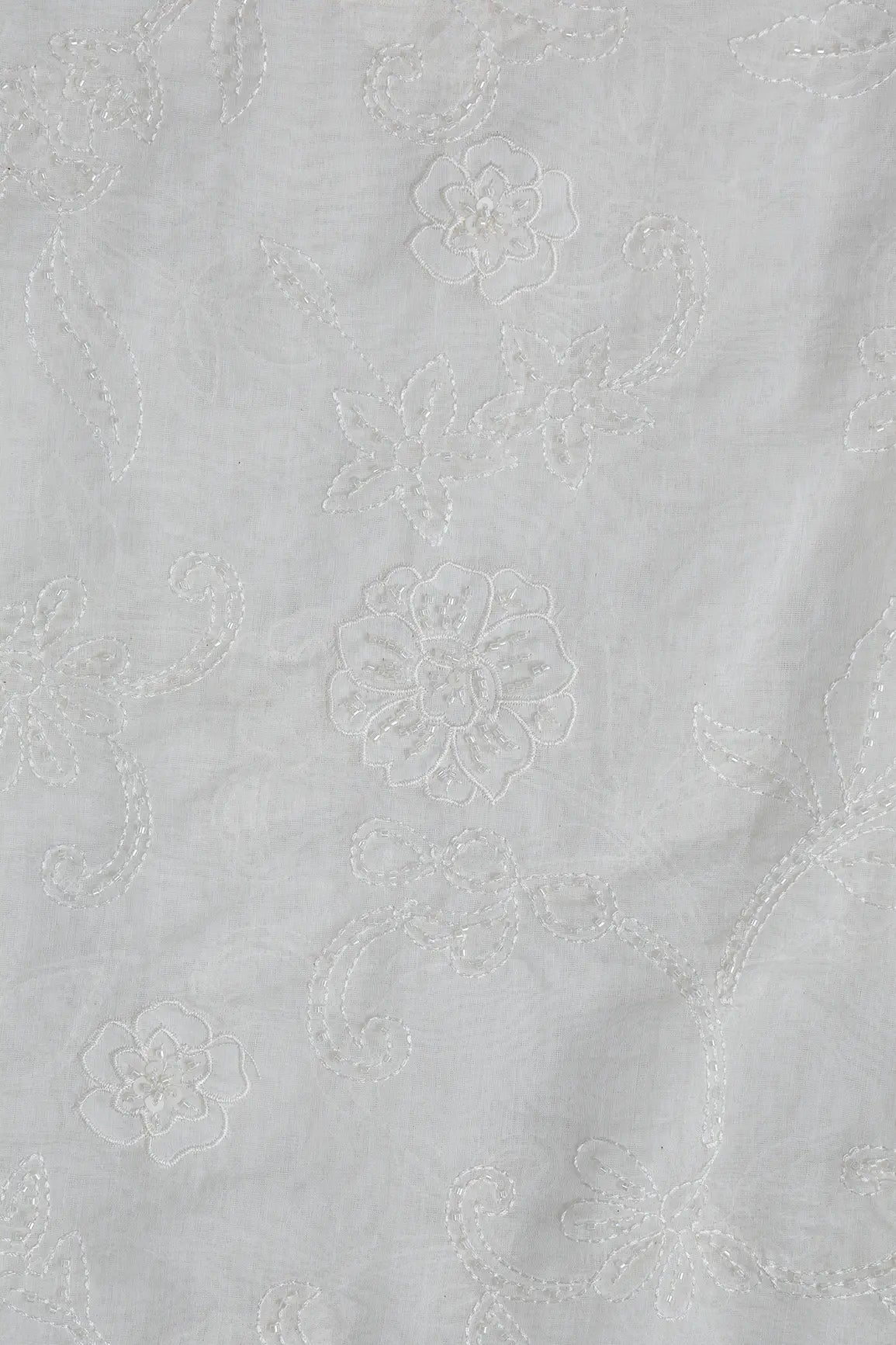 Beautiful Patch Work With Beads Embroidery On Off White Pure Mul Chanderi Silk Fabric