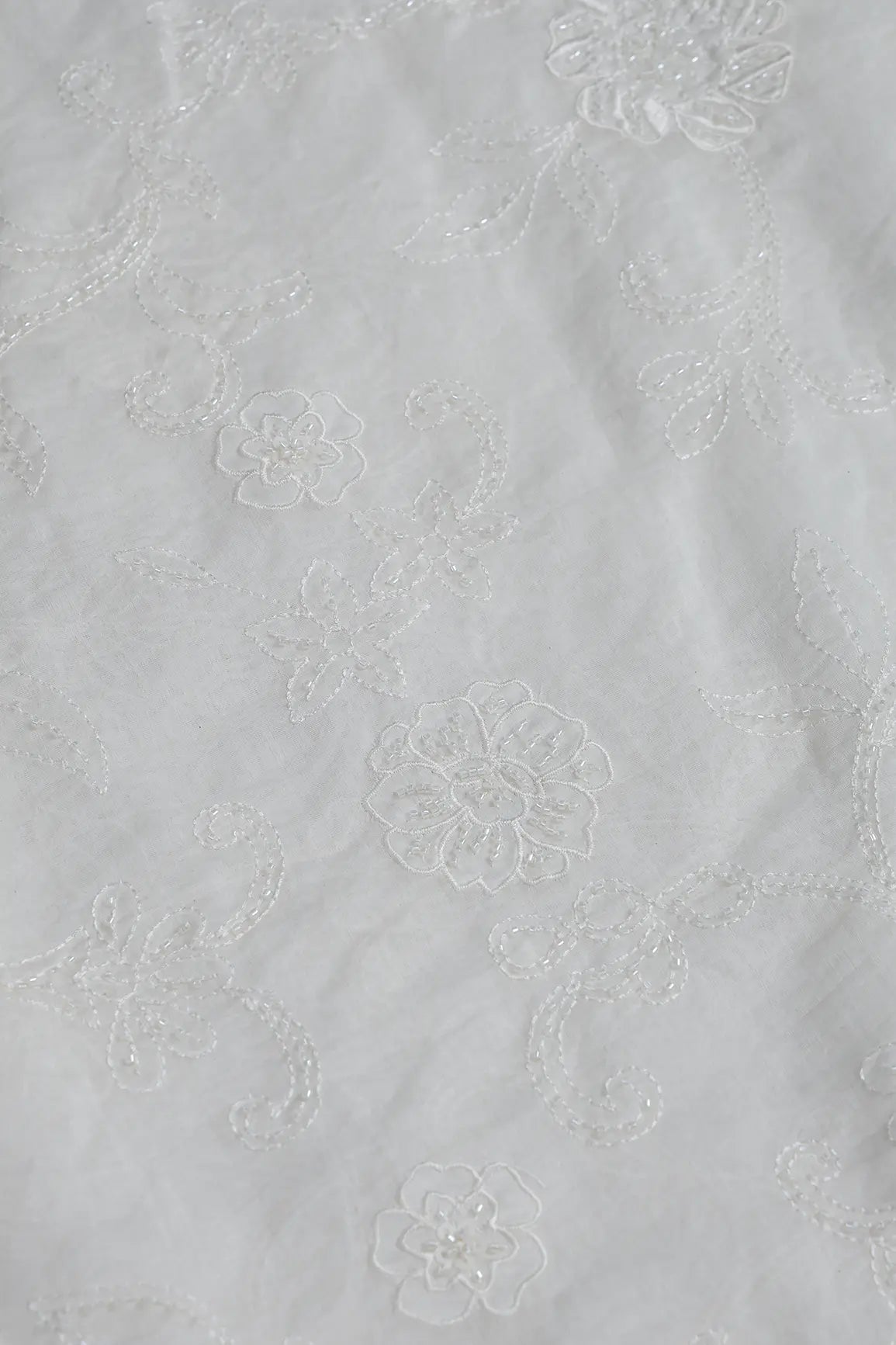 Beautiful Patch Work With Beads Embroidery On Off White Pure Mul Chanderi Silk Fabric