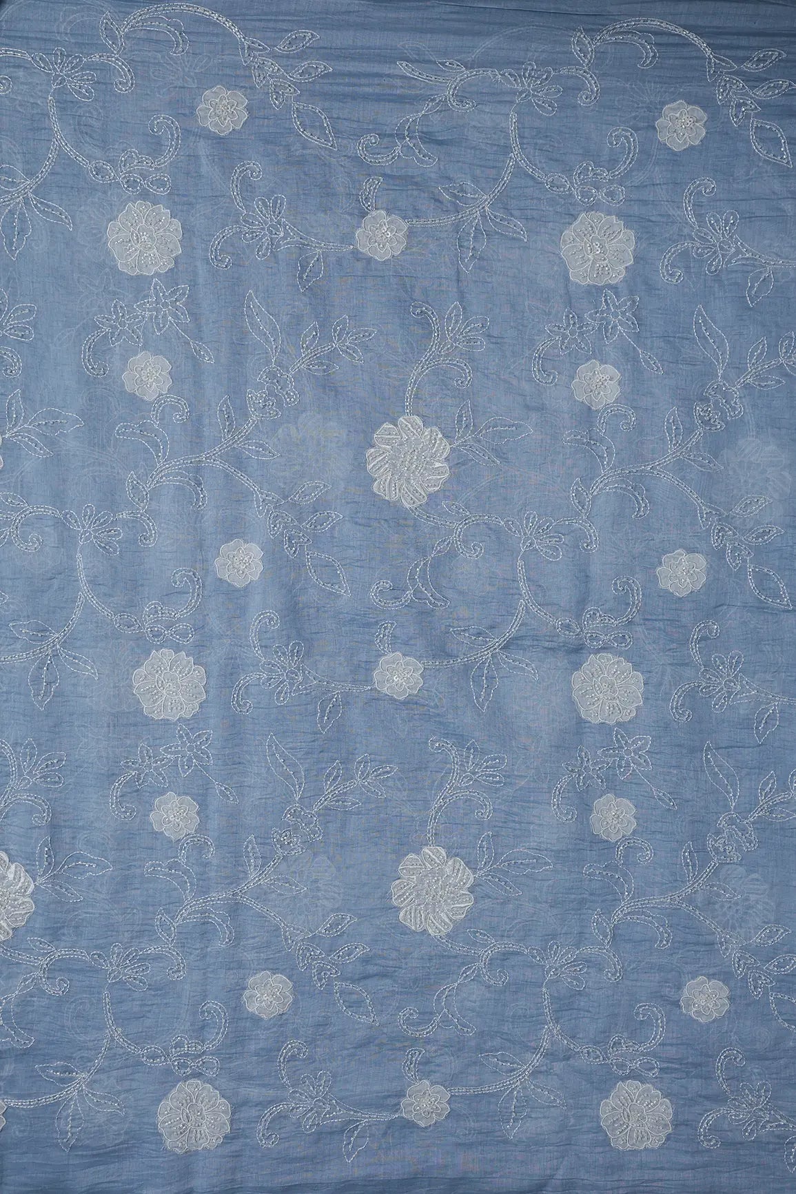 Beautiful Patch Work With Beads Embroidery On Pastel Blue Pure Mul Chanderi Silk Fabric