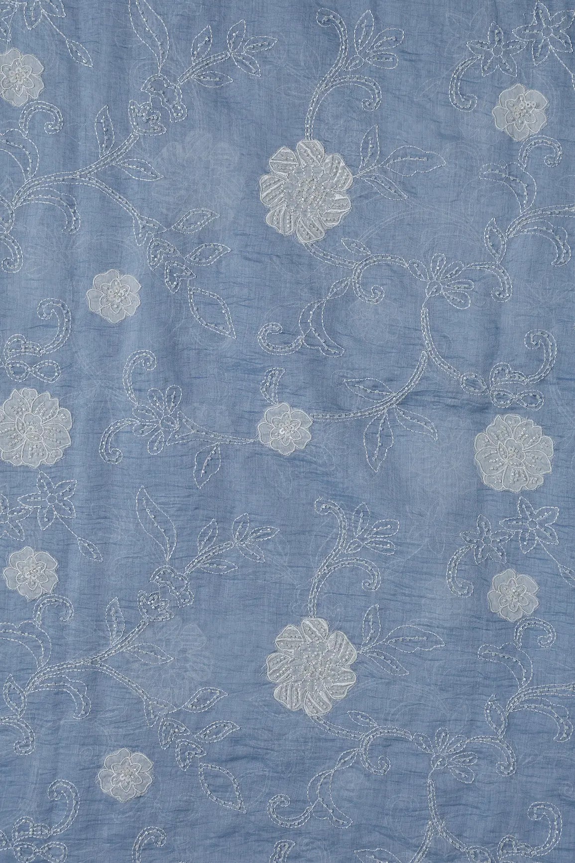 Beautiful Patch Work With Beads Embroidery On Pastel Blue Pure Mul Chanderi Silk Fabric