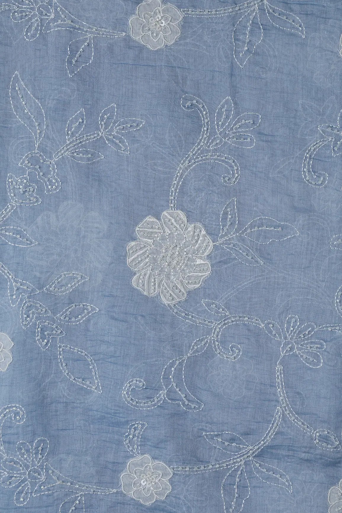 Beautiful Patch Work With Beads Embroidery On Pastel Blue Pure Mul Chanderi Silk Fabric