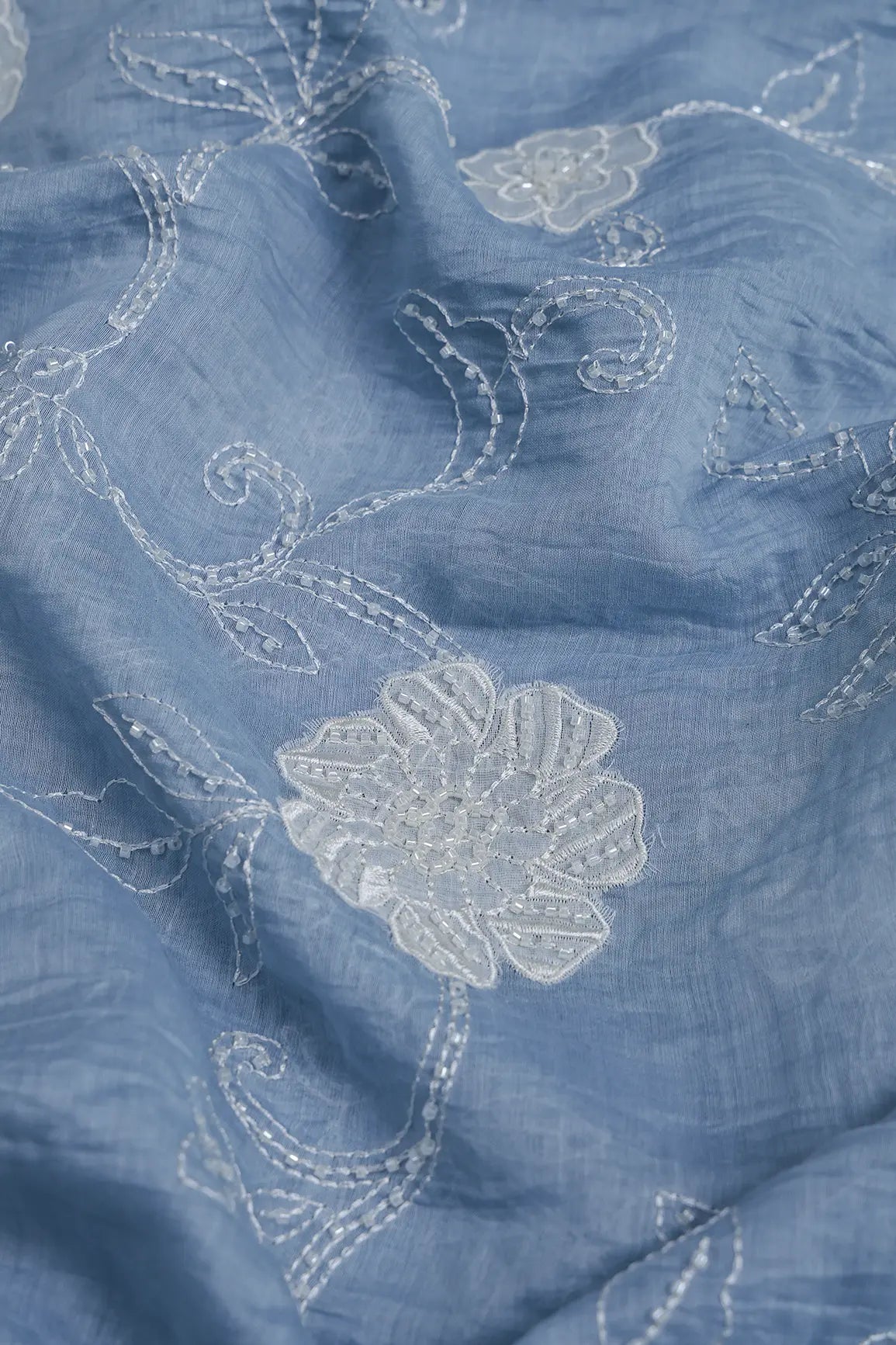 Beautiful Patch Work With Beads Embroidery On Pastel Blue Pure Mul Chanderi Silk Fabric