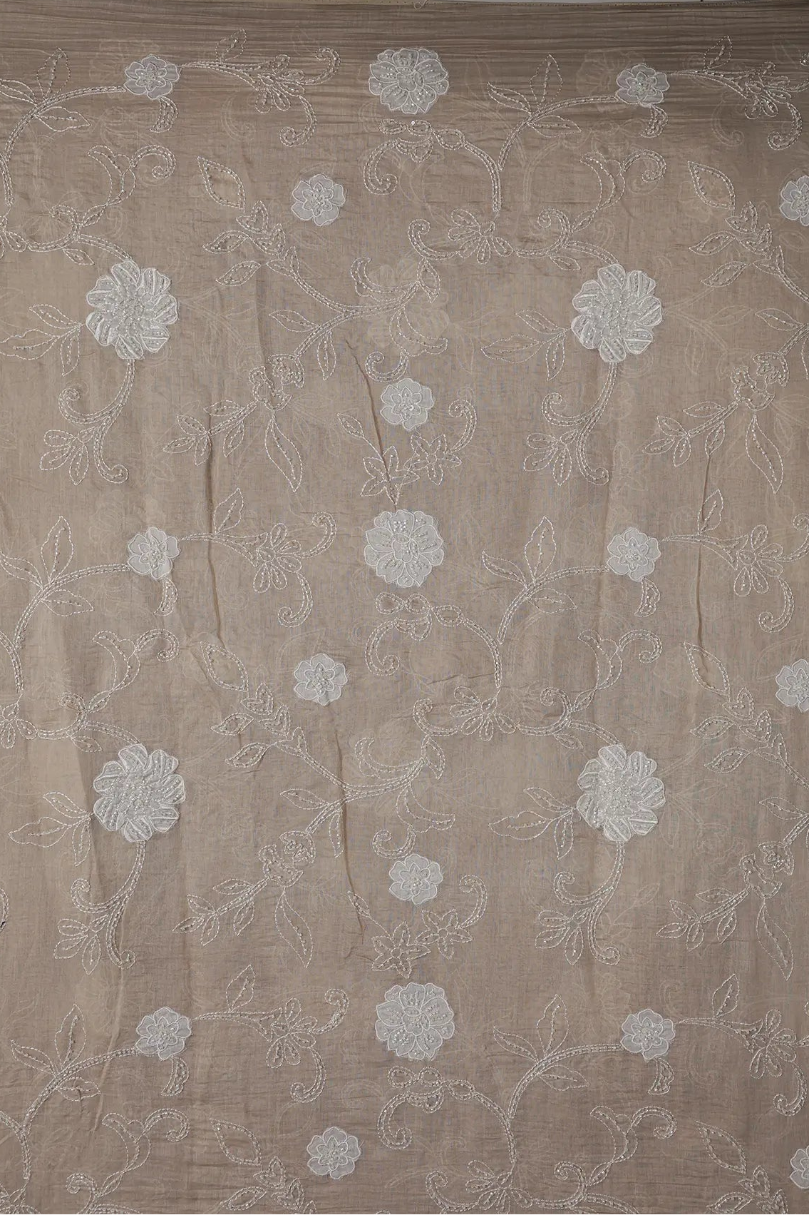 Beautiful Patch Work With Beads Embroidery On Beige Pure Mul Chanderi Silk Fabric