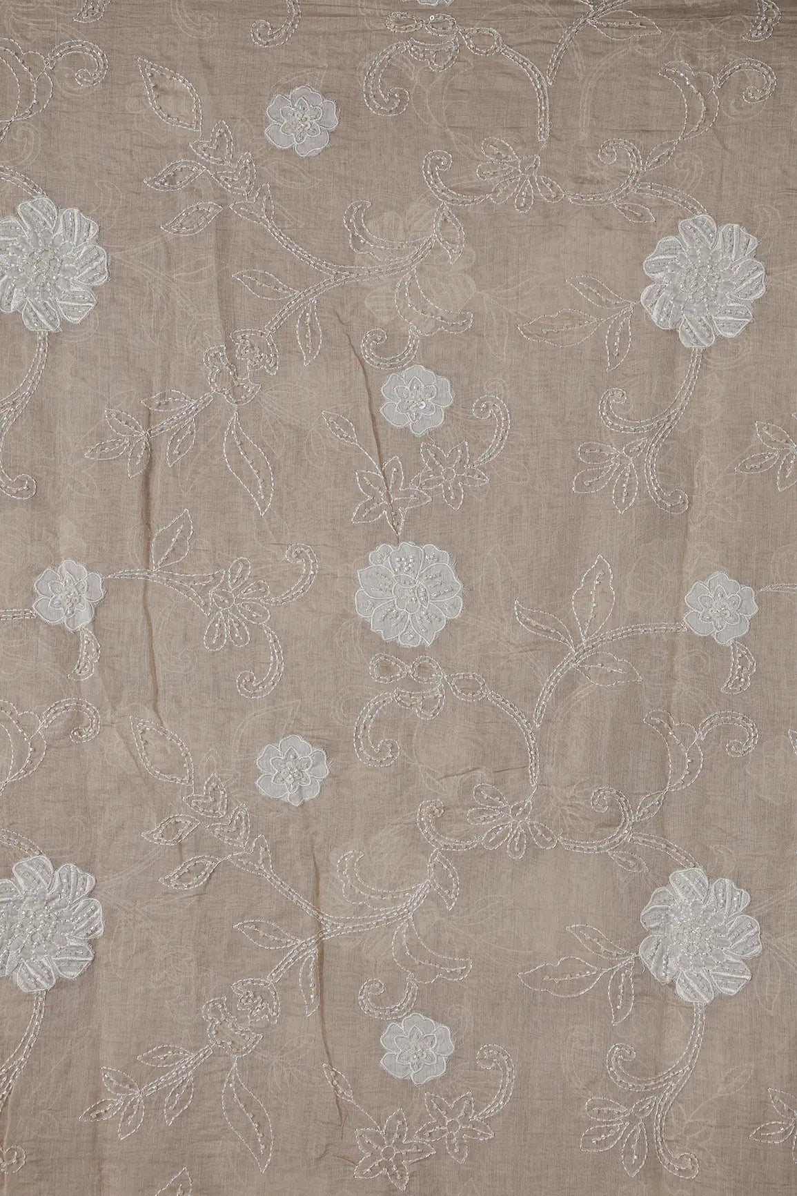 Beautiful Patch Work With Beads Embroidery On Beige Pure Mul Chanderi Silk Fabric