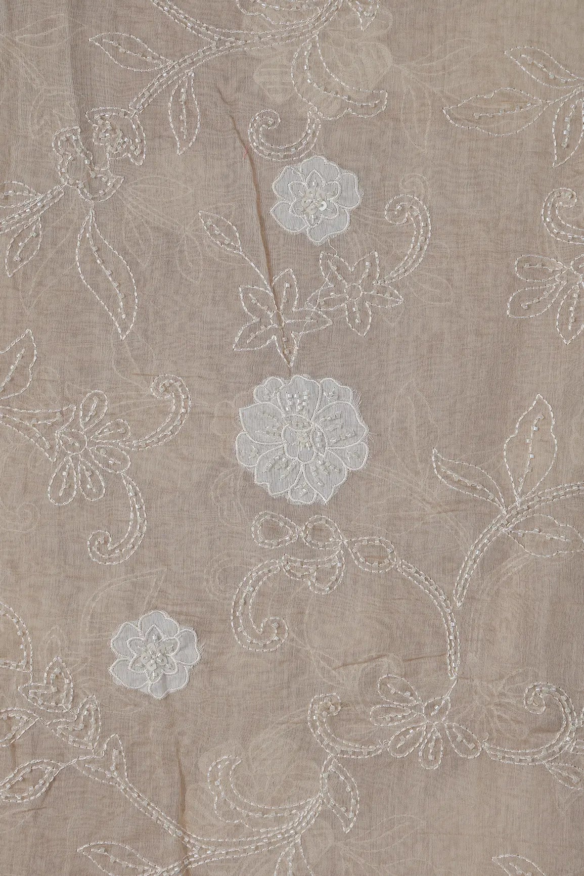 Beautiful Patch Work With Beads Embroidery On Beige Pure Mul Chanderi Silk Fabric