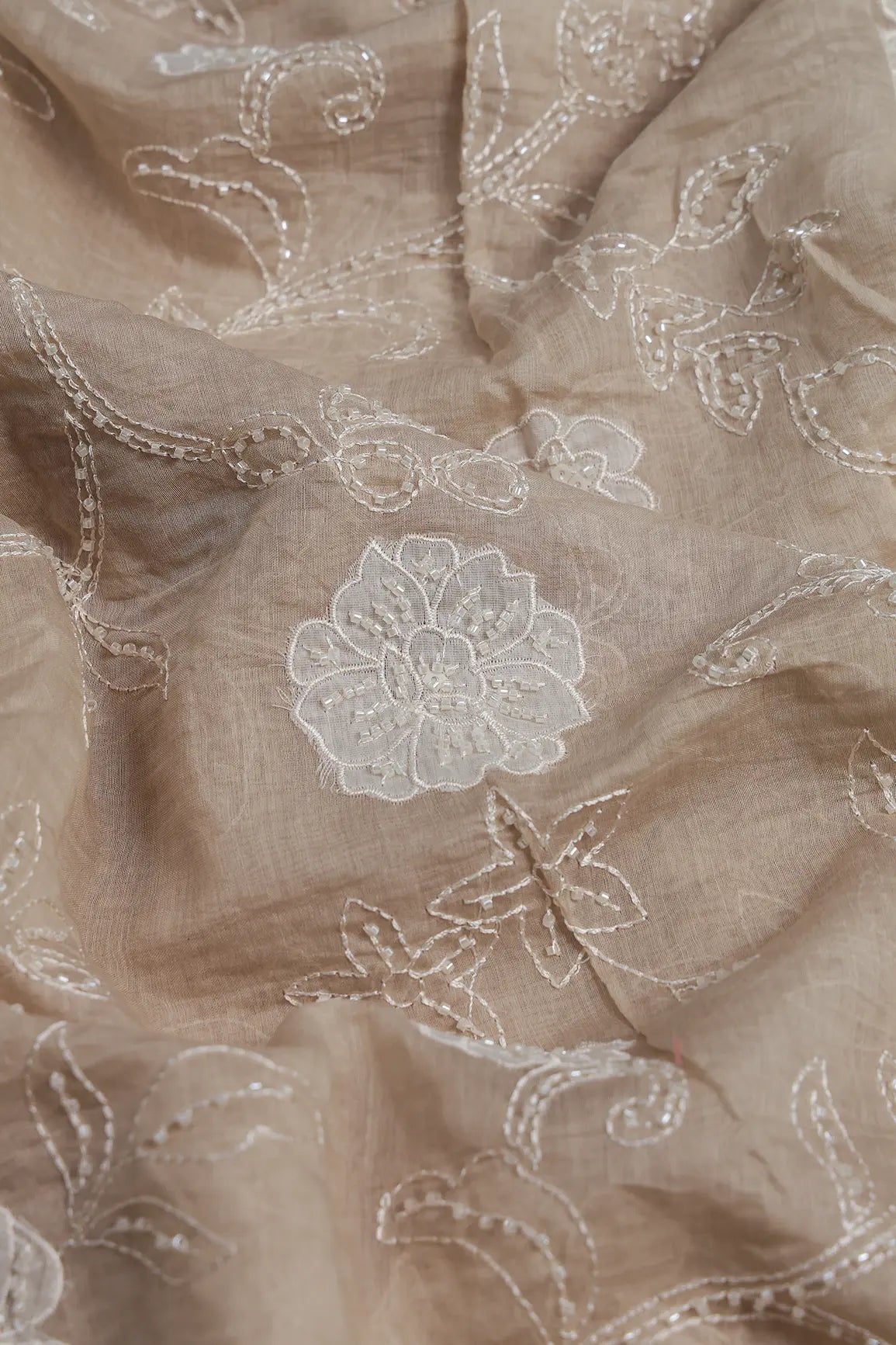 Beautiful Patch Work With Beads Embroidery On Beige Pure Mul Chanderi Silk Fabric
