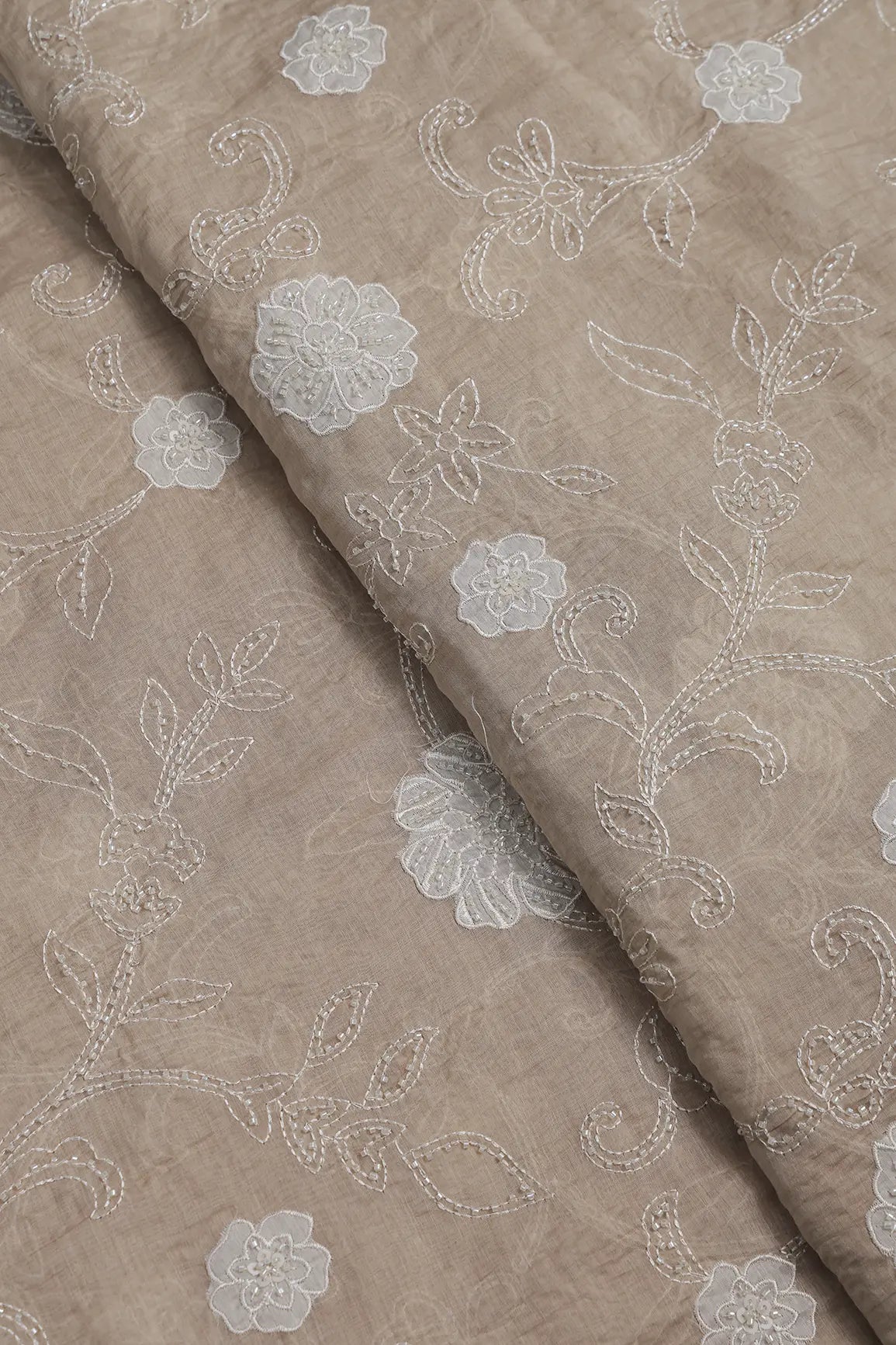 Beautiful Patch Work With Beads Embroidery On Beige Pure Mul Chanderi Silk Fabric