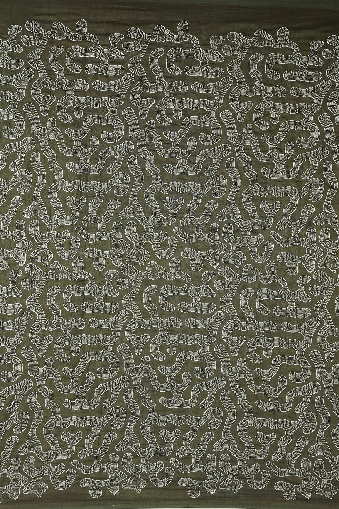 Water Sequins With Thread Appealing Abstract Embroidery On Dark Olive Pure Mul Chanderi Silk Fabric