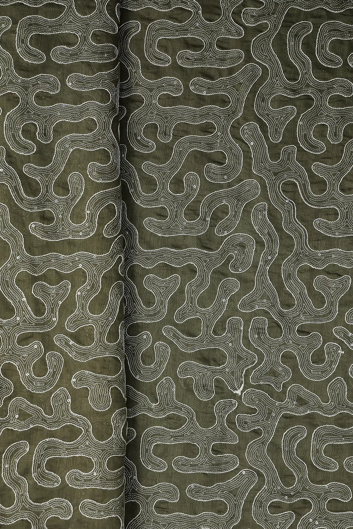 Water Sequins With Thread Appealing Abstract Embroidery On Dark Olive Pure Mul Chanderi Silk Fabric
