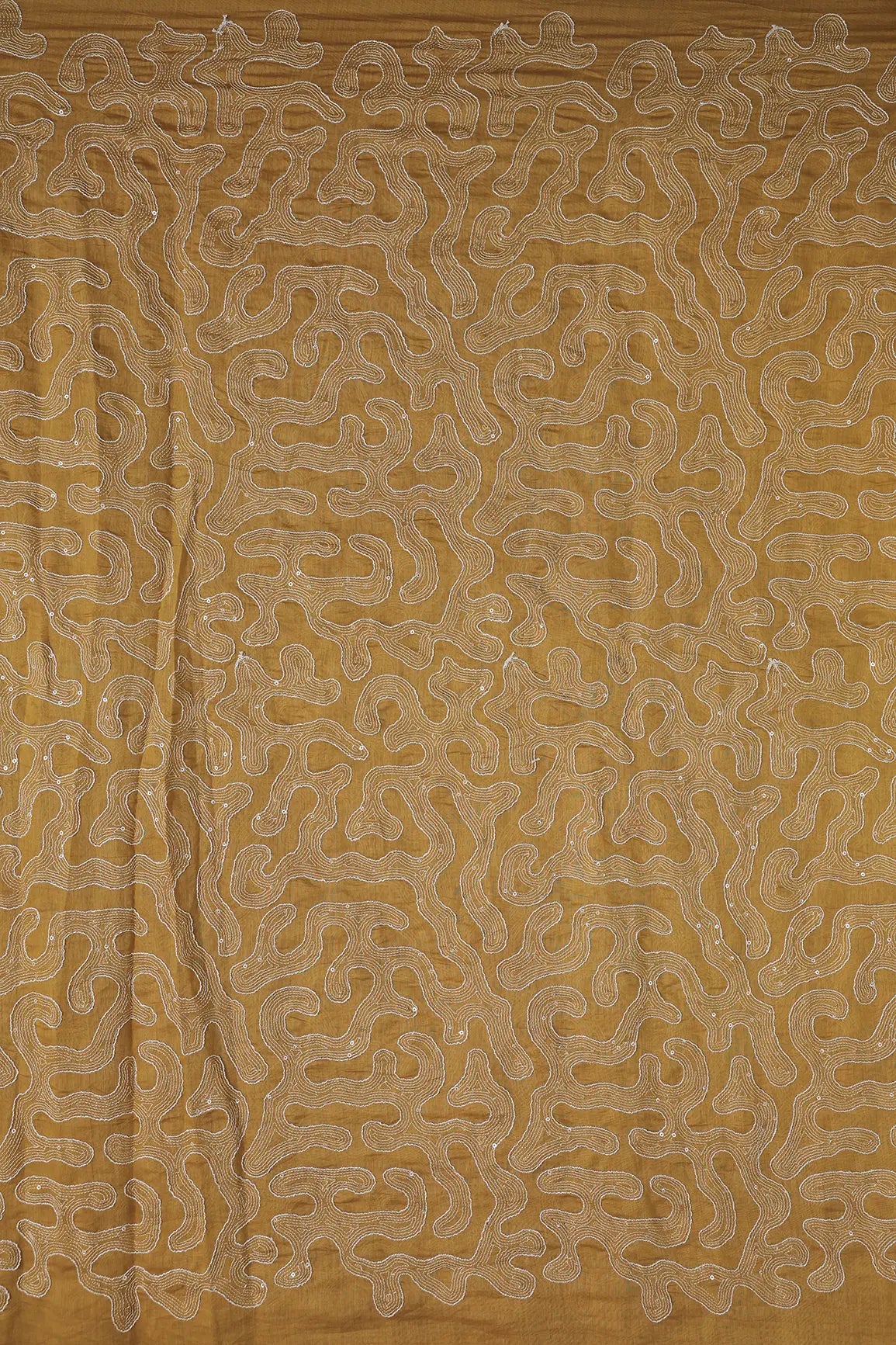Water Sequins With Thread Appealing Abstract Embroidery On Mustard Yellow Pure Mul Chanderi Silk Fabric