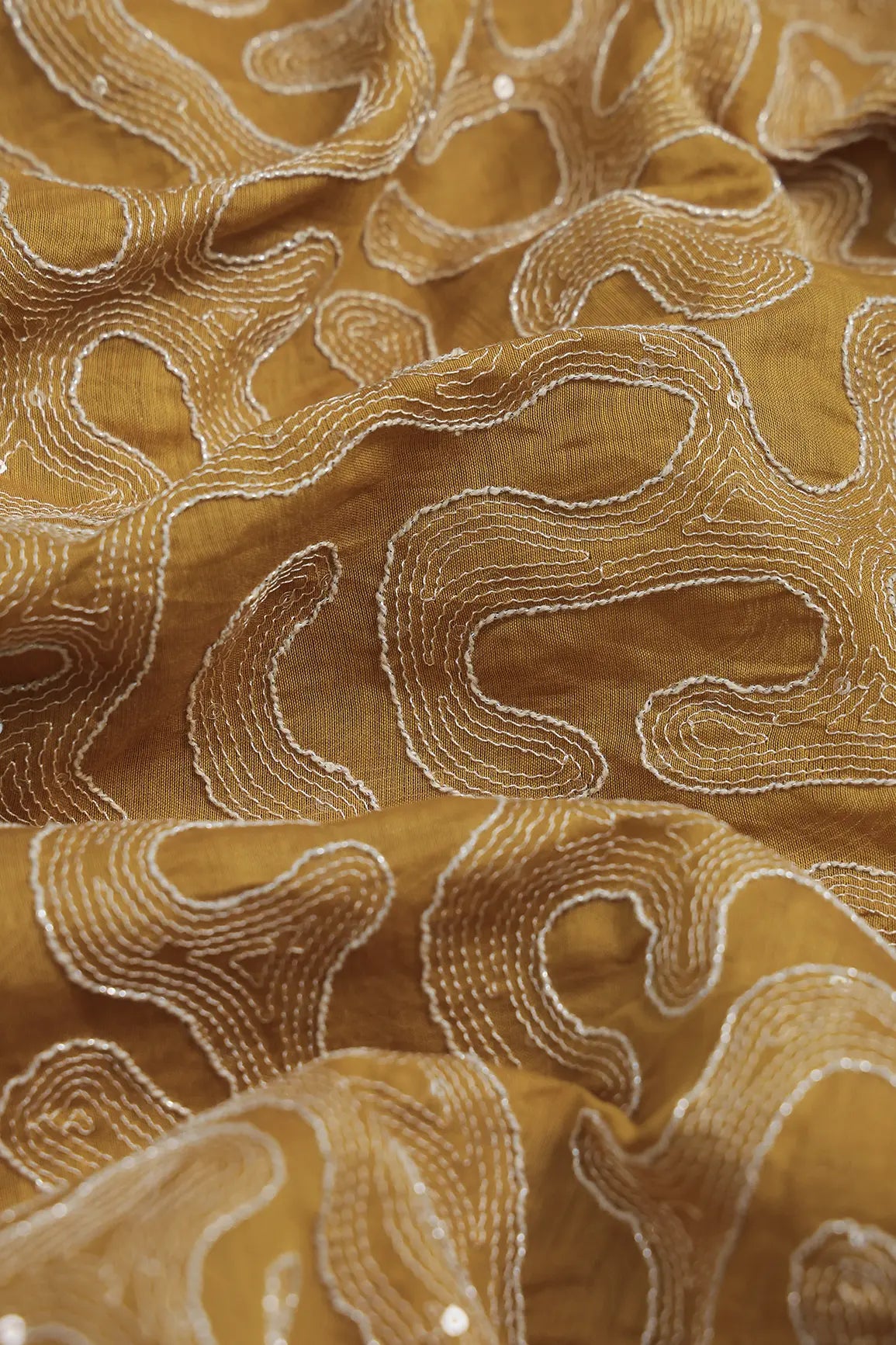 Water Sequins With Thread Appealing Abstract Embroidery On Mustard Yellow Pure Mul Chanderi Silk Fabric