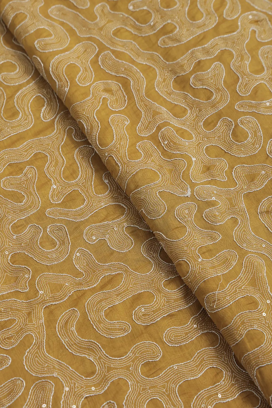 Water Sequins With Thread Appealing Abstract Embroidery On Mustard Yellow Pure Mul Chanderi Silk Fabric