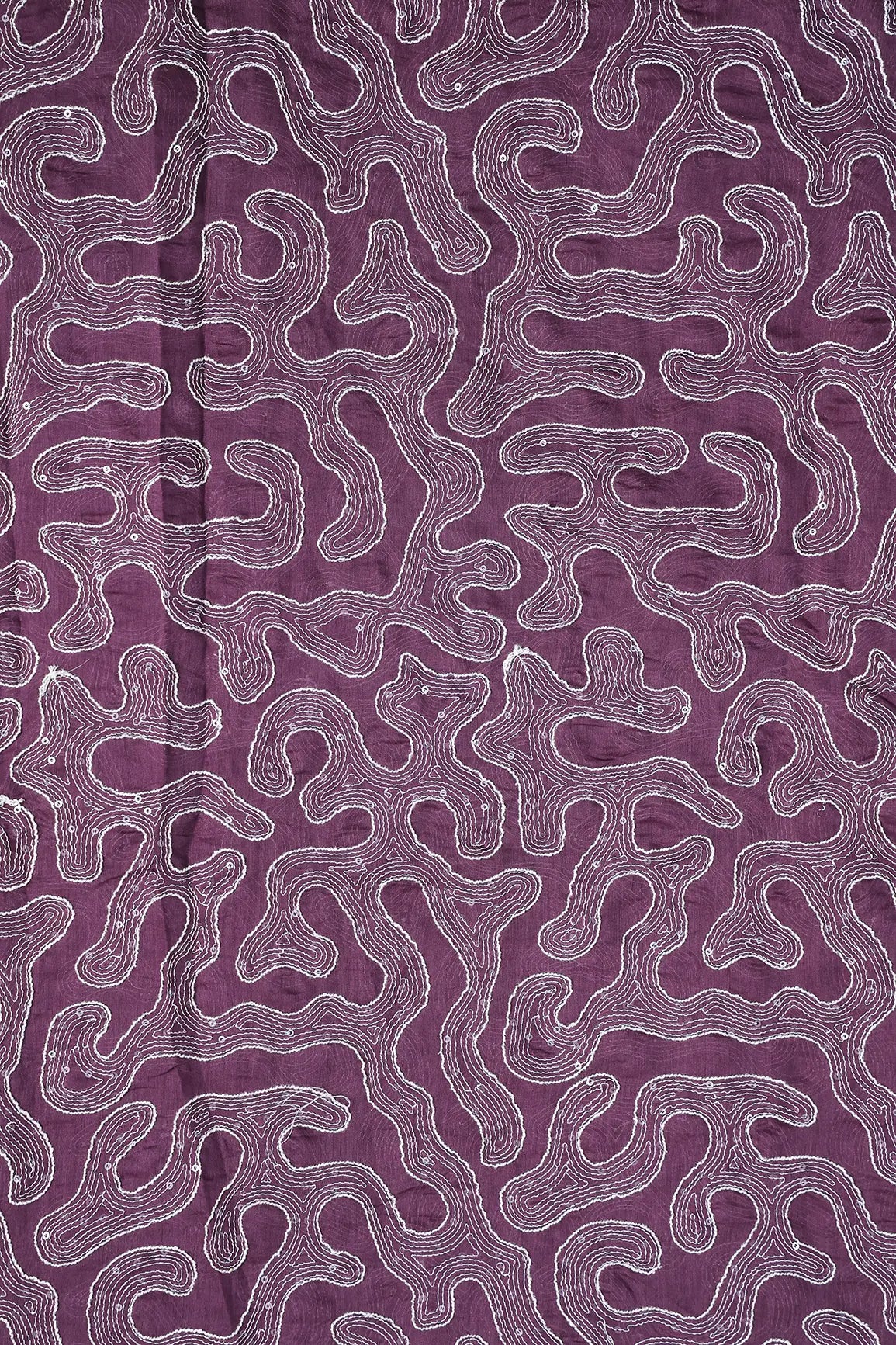 Water Sequins With Thread Appealing Abstract Embroidery On Plum Purple Pure Mul Chanderi Silk Fabric