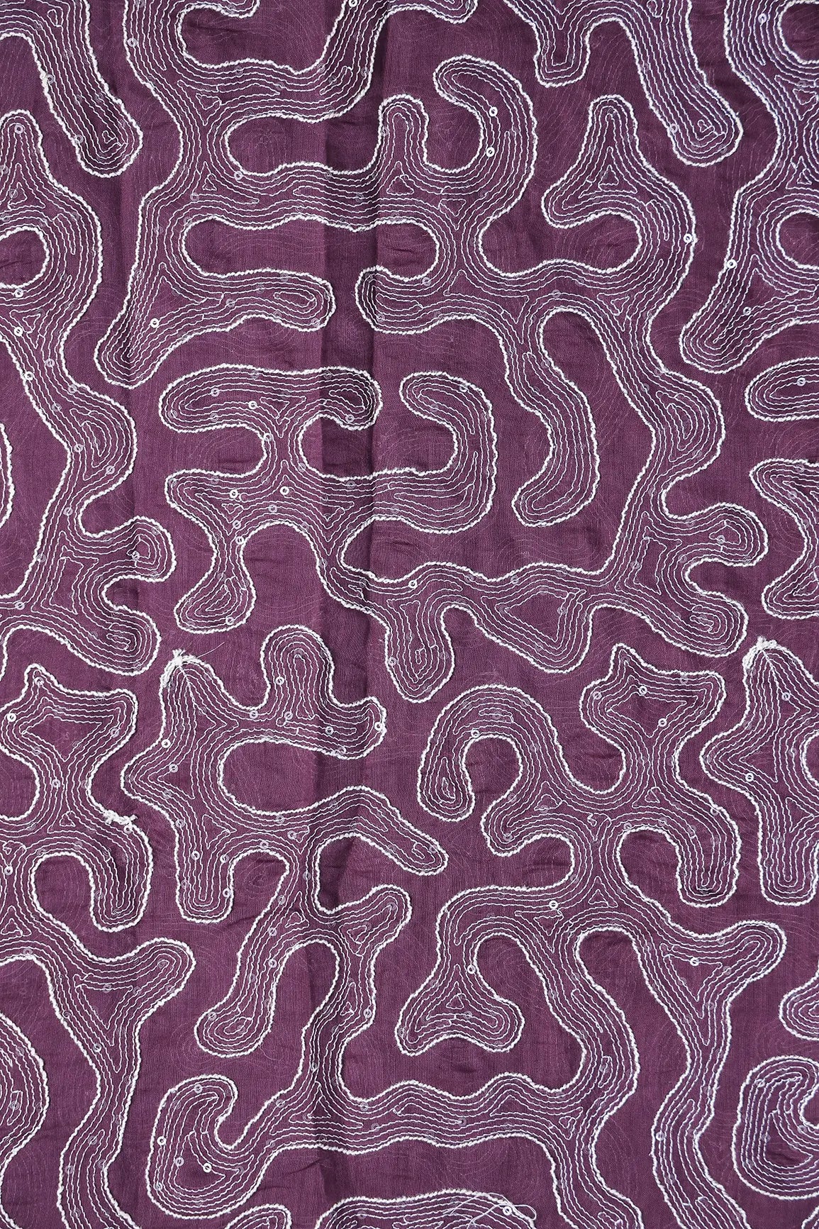 Water Sequins With Thread Appealing Abstract Embroidery On Plum Purple Pure Mul Chanderi Silk Fabric