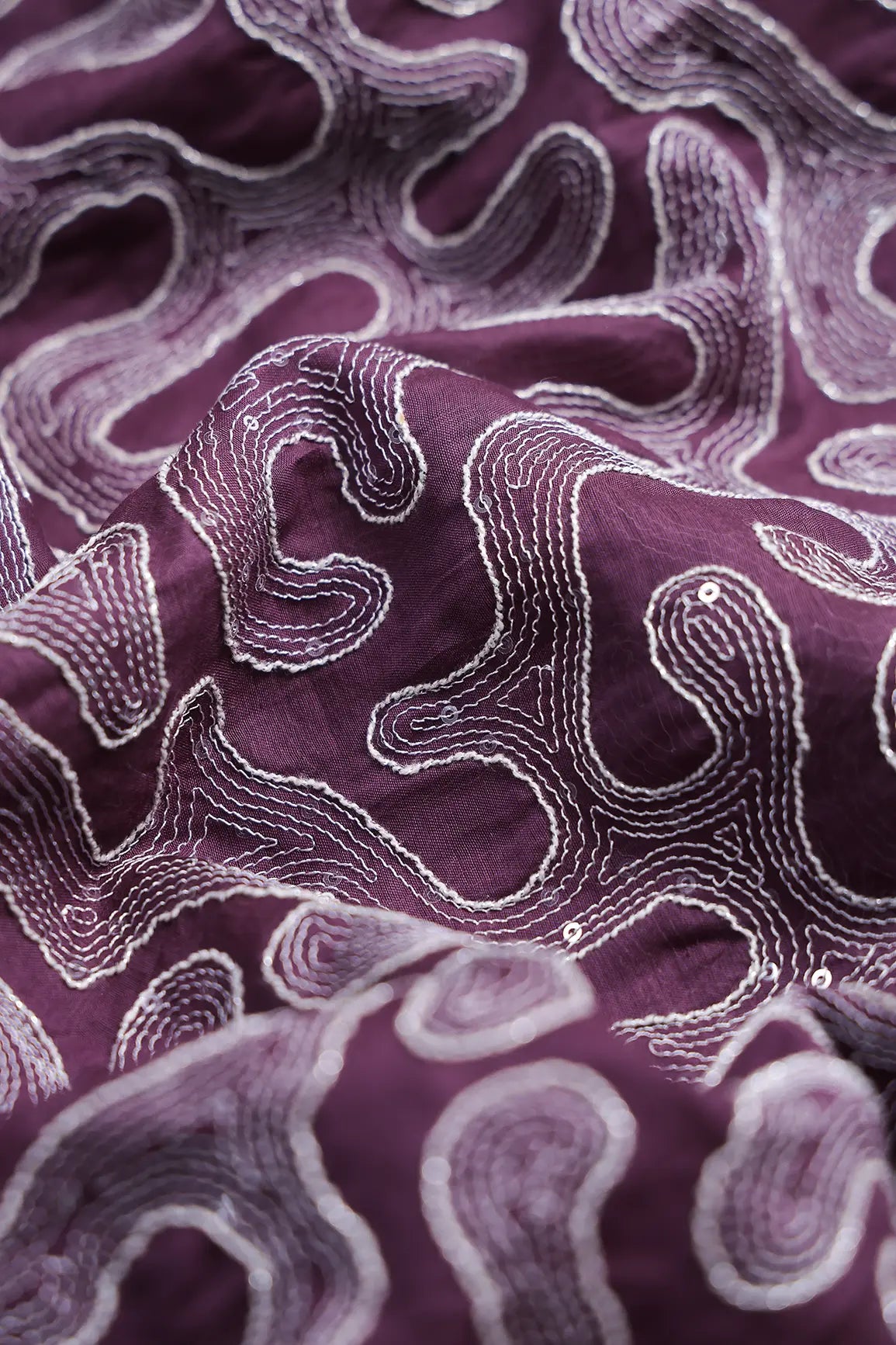 Water Sequins With Thread Appealing Abstract Embroidery On Plum Purple Pure Mul Chanderi Silk Fabric
