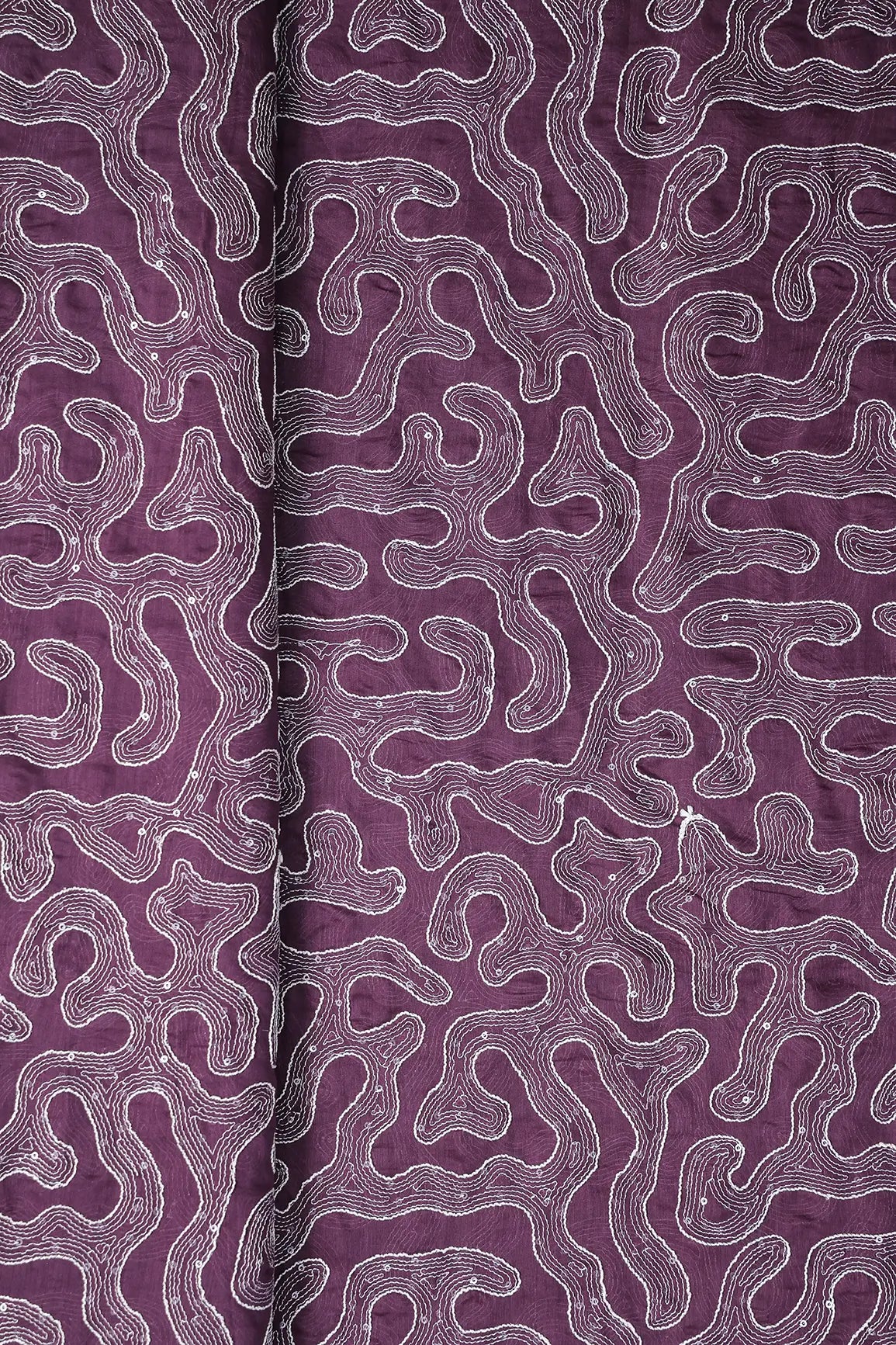 Water Sequins With Thread Appealing Abstract Embroidery On Plum Purple Pure Mul Chanderi Silk Fabric