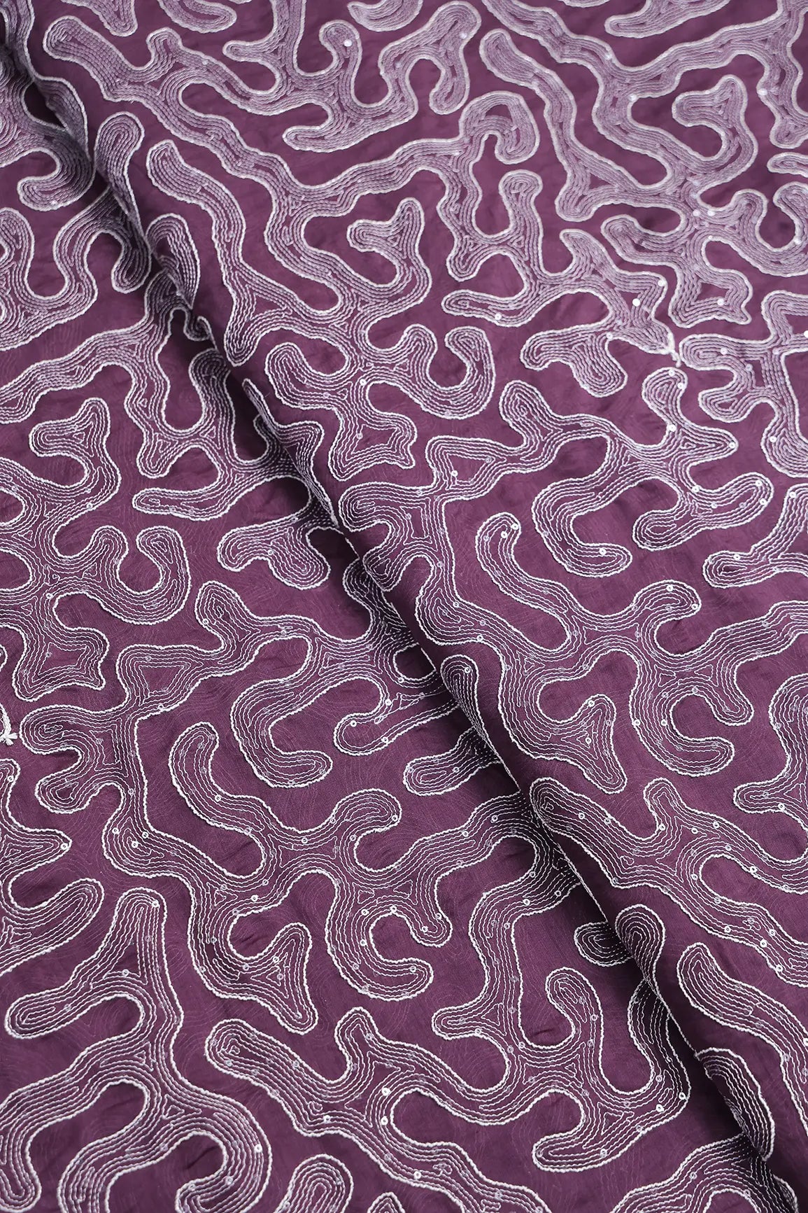 Water Sequins With Thread Appealing Abstract Embroidery On Plum Purple Pure Mul Chanderi Silk Fabric