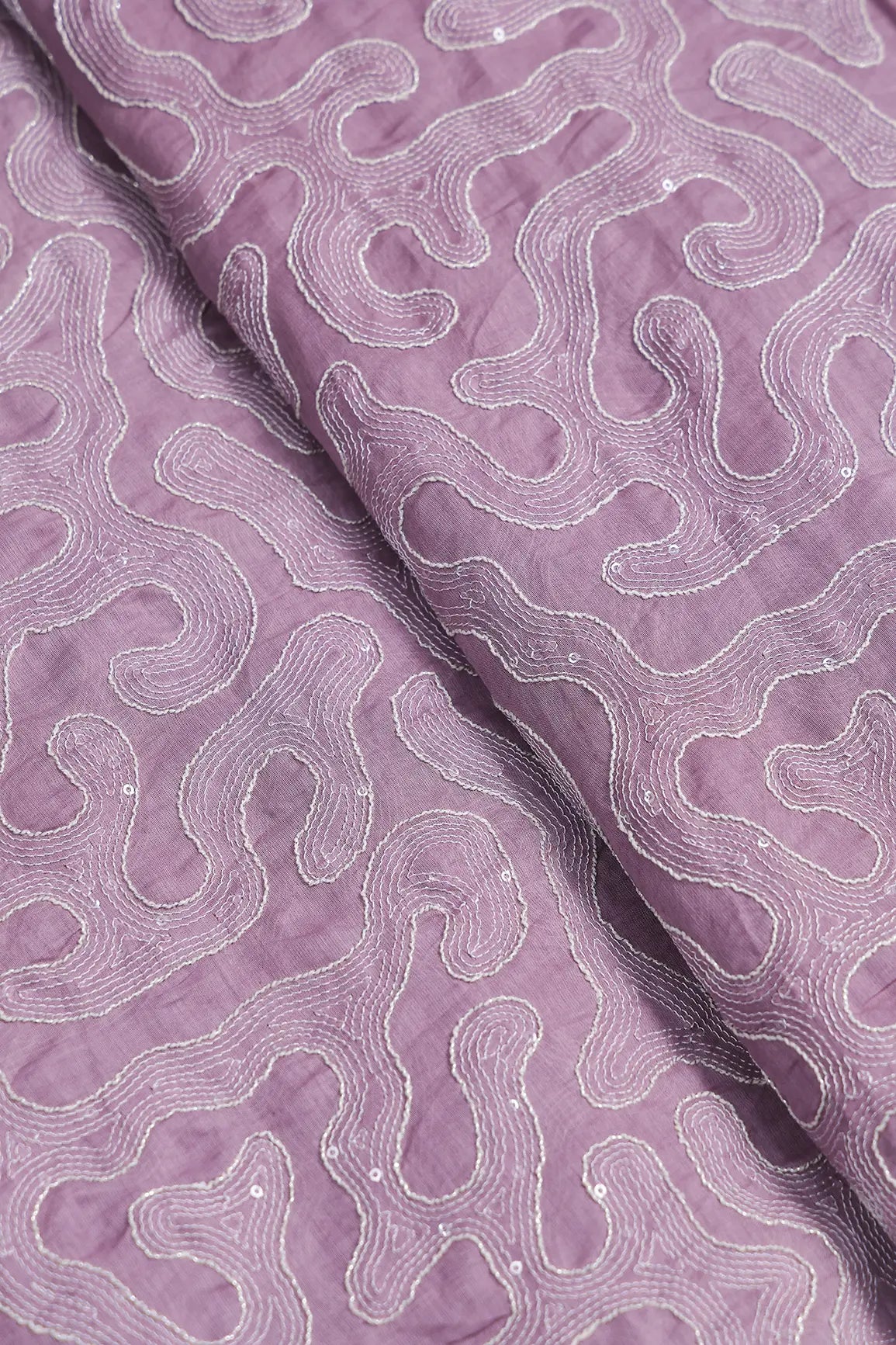 Water Sequins With Thread Appealing Abstract Embroidery On Lavender Pure Mul Chanderi Silk Fabric