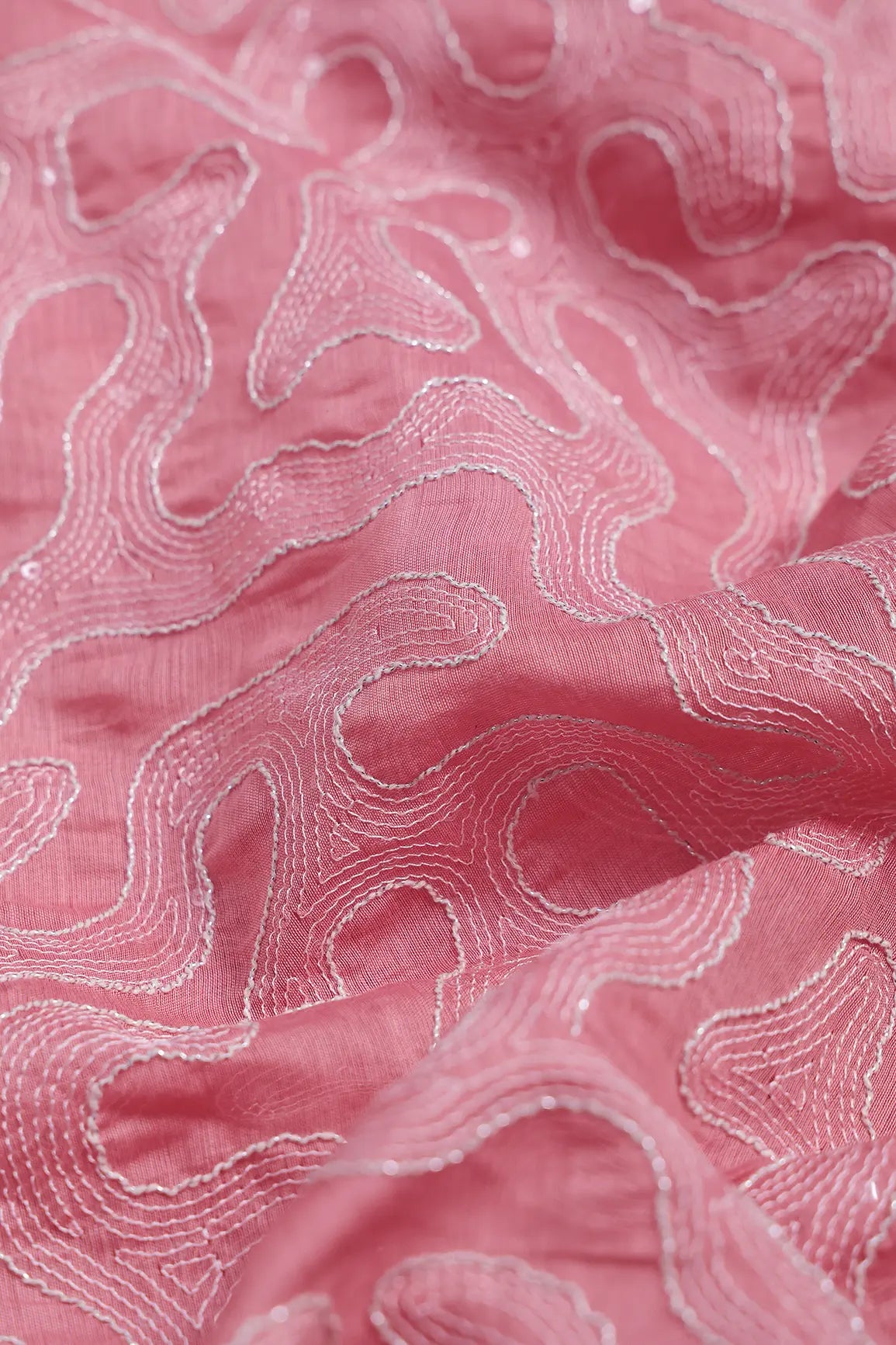 Water Sequins With Thread Appealing Abstract Embroidery On Dusty Pink Pure Mul Chanderi Silk Fabric