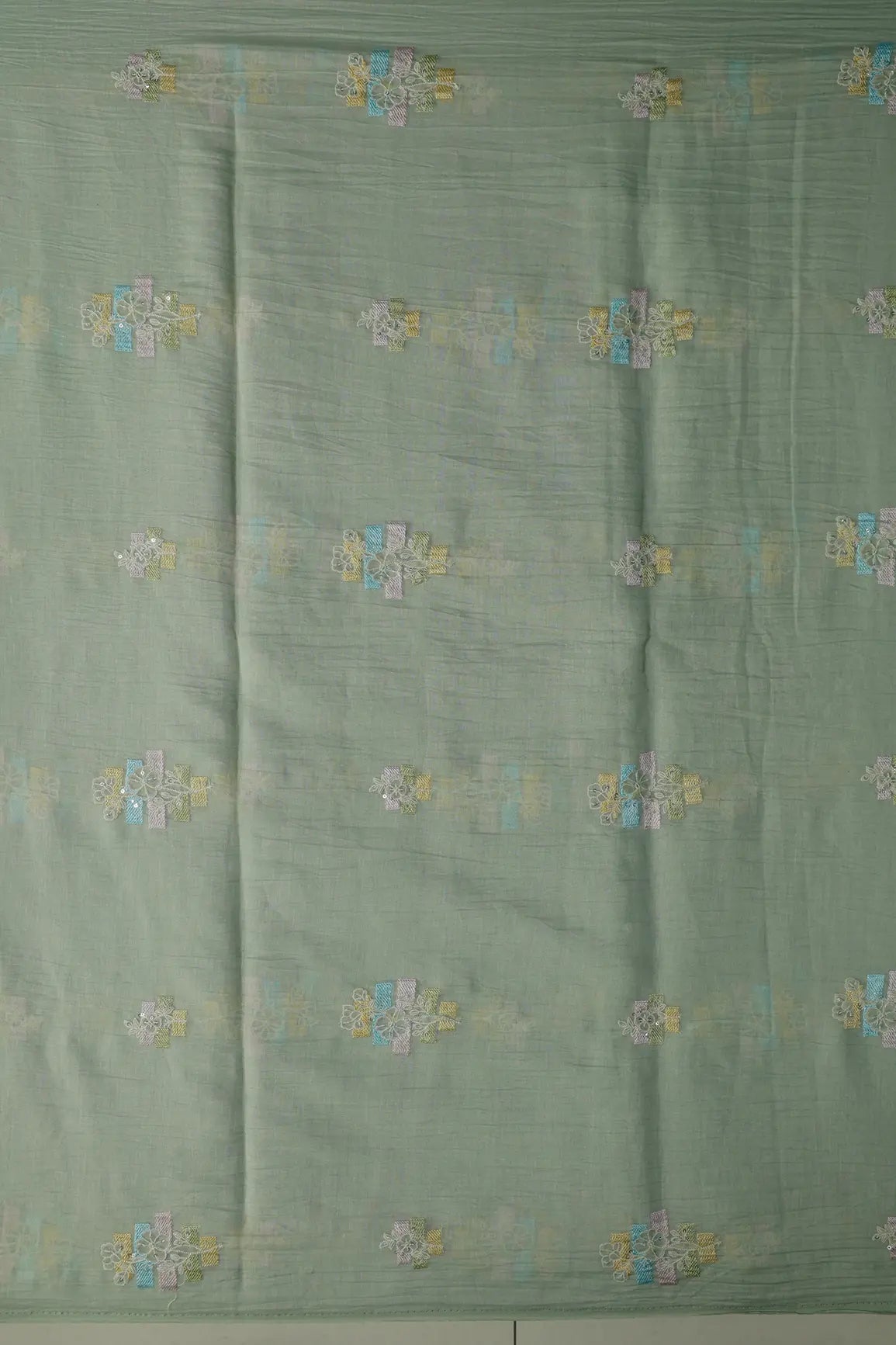 Beautiful Multi Thread With Sequins Floral Embroidery Work On Pastel Olive Green Pure Mul Chanderi Silk Fabric
